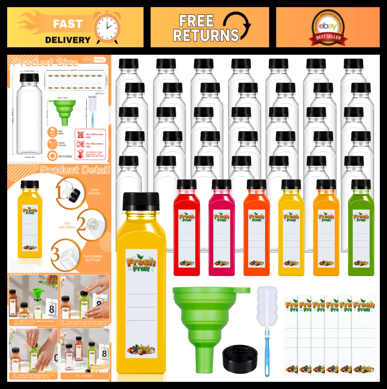 42Pcs 16oz Clear Plastic Juice Bottles with Caps, Reusable Containers for Smooth
