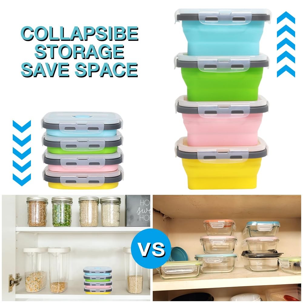 Pharamat Small Collapsible Silicone Food Storage Blue, Green, Pink, Yellow