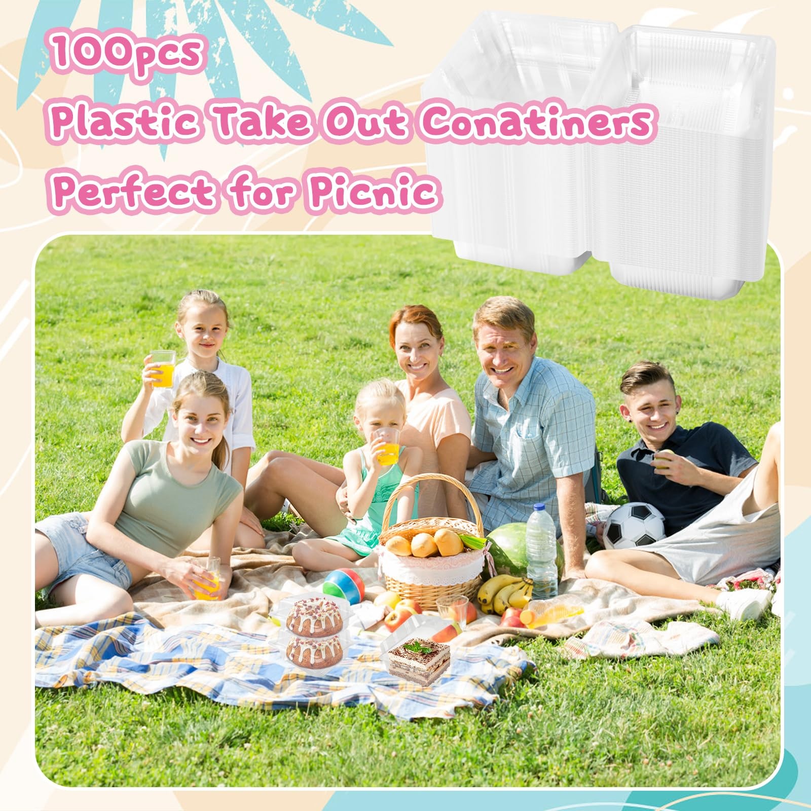 Haawooky 100 Pcs Clear Plastic Square Hinged Food Container,Disposable Cake S…