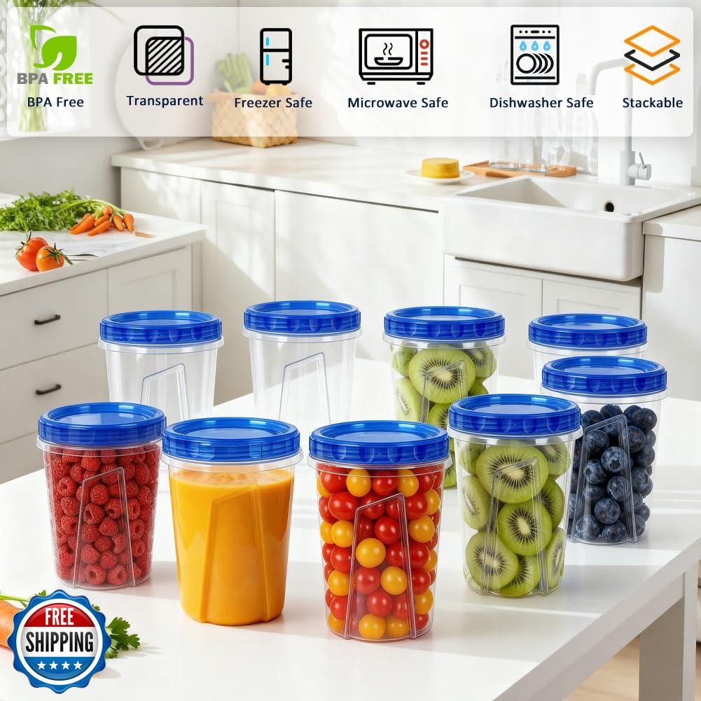 10 Pack 34oz Reusable Freezer Food Storage Containers with Twist Top Lids, Ai