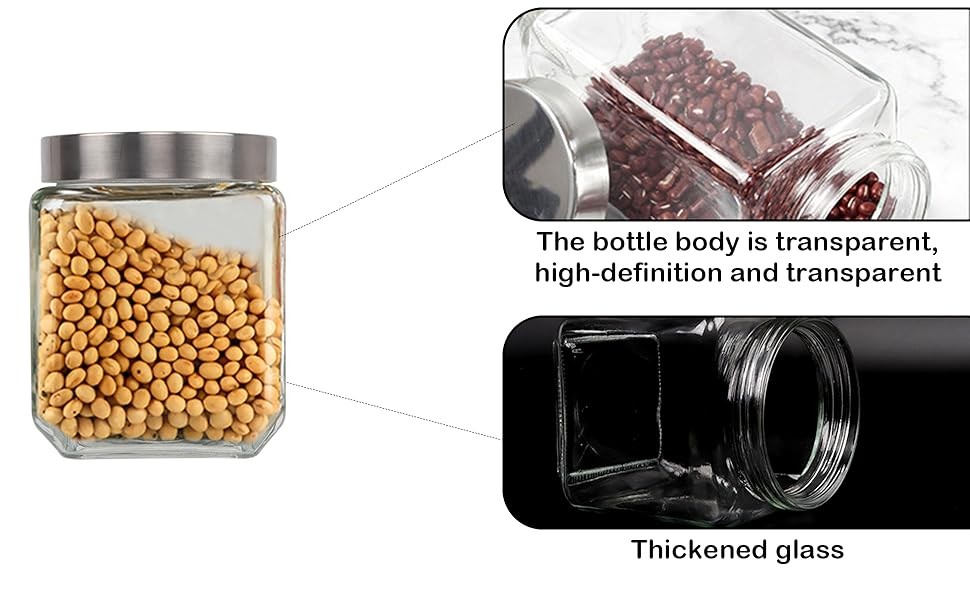 37 oz Square Glass Jars with Lids, 4 Pack Glass Canisters with Metal Lids, Clear