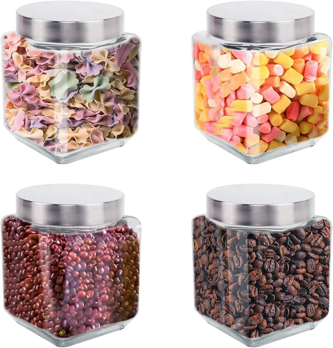 37 oz Square Glass Jars with Lids, 4 Pack Glass Canisters with Metal Lids, Clear