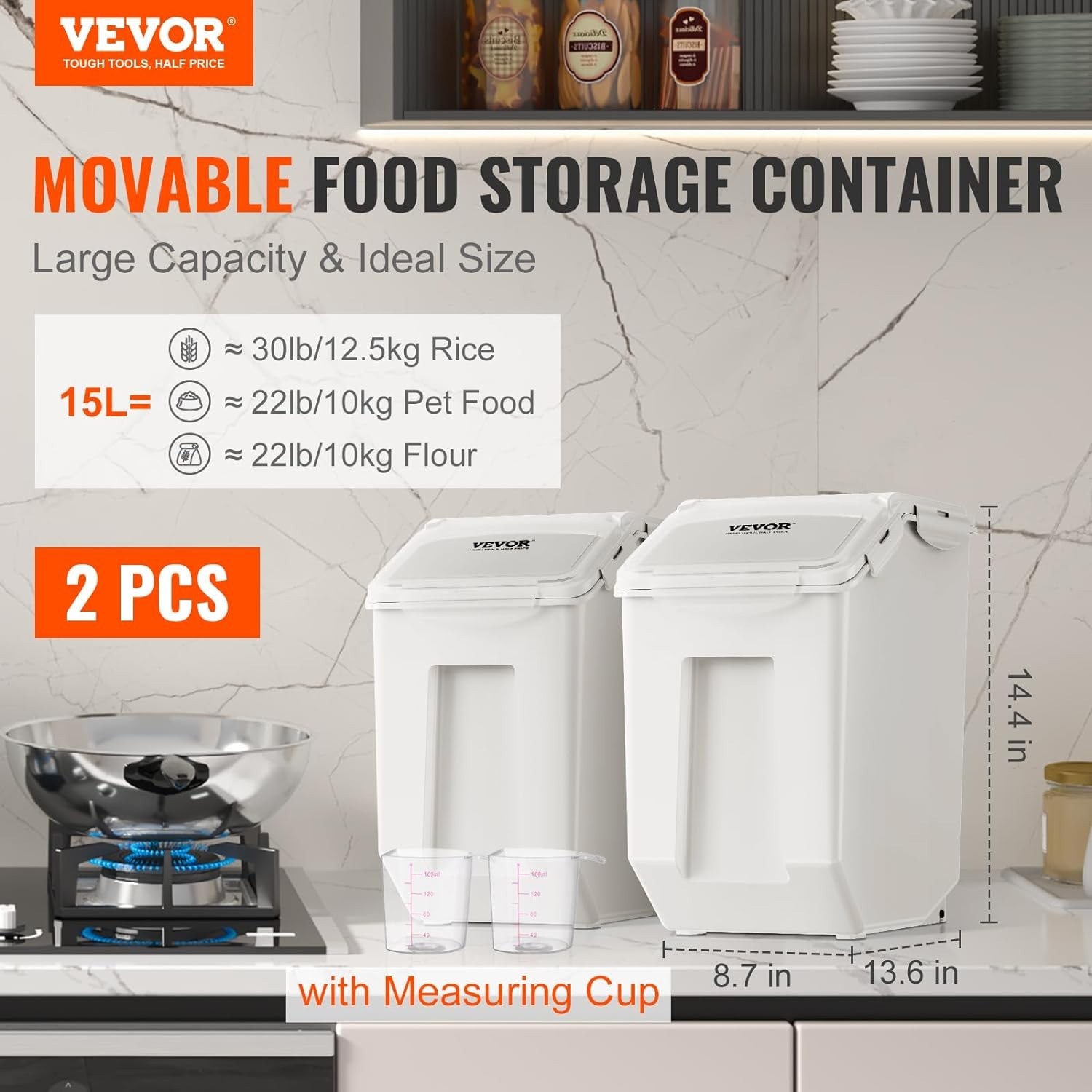 Ingredient Storage Bin, 2 x 15L Dispenser Bin with 2 Measuring Cups, Attachable