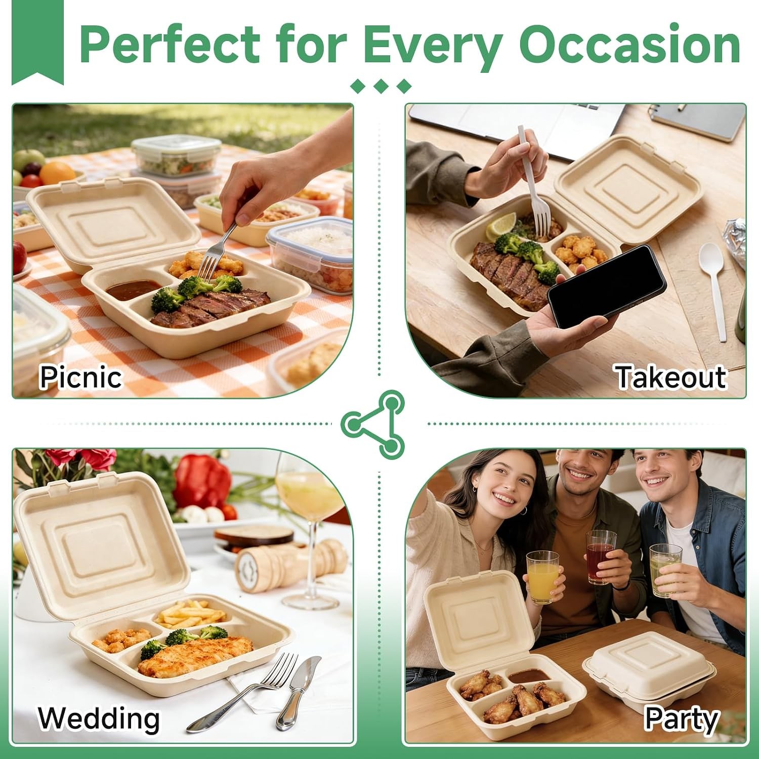 To Go Boxes 75 Pack 3 Compartment Compostable Degradable in 90 days 9×9 Inch