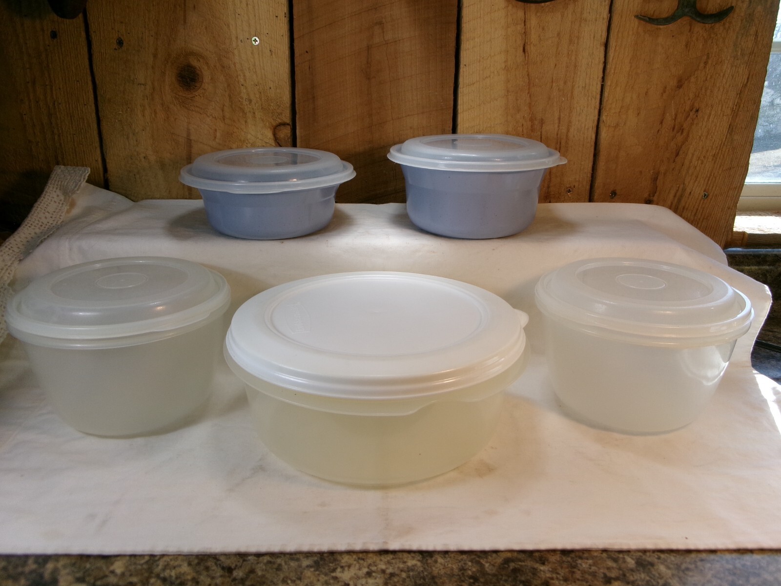 Lot of 5 Rubbermaid Food Storage Containers w/Lids 20oz, 32oz, (2)6 cups, 3.2qt