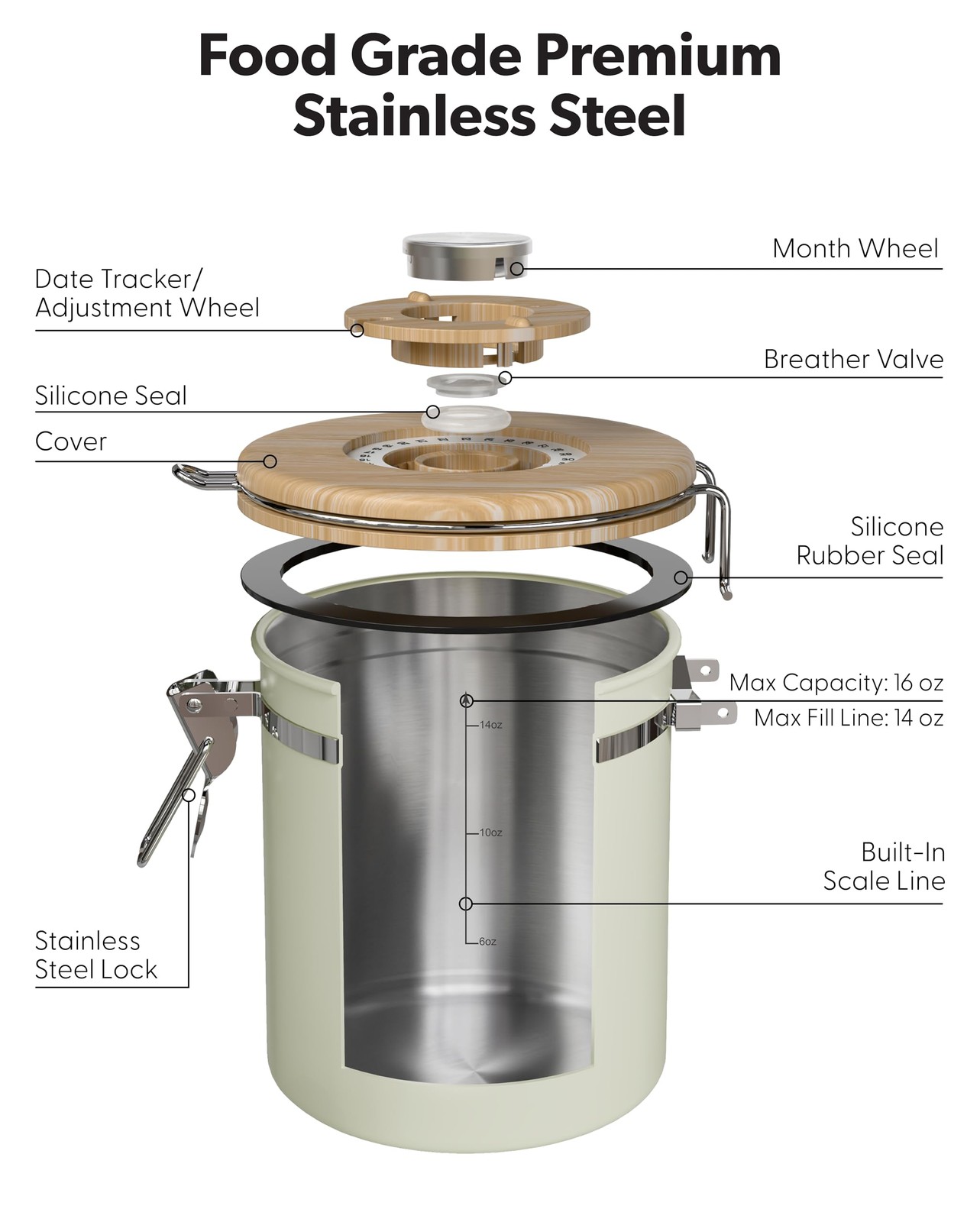 Veken Coffee Sugar Canister with Window, Airtight Stainless 16 oz, Cream
