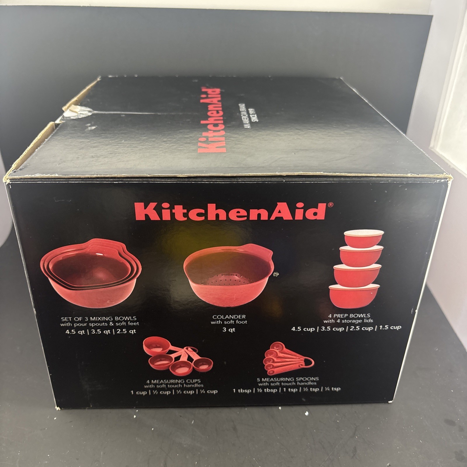 KitchenAid 21 Piece Red Measure Prep Storage Set Mixing Bowls Colander Cups Lids