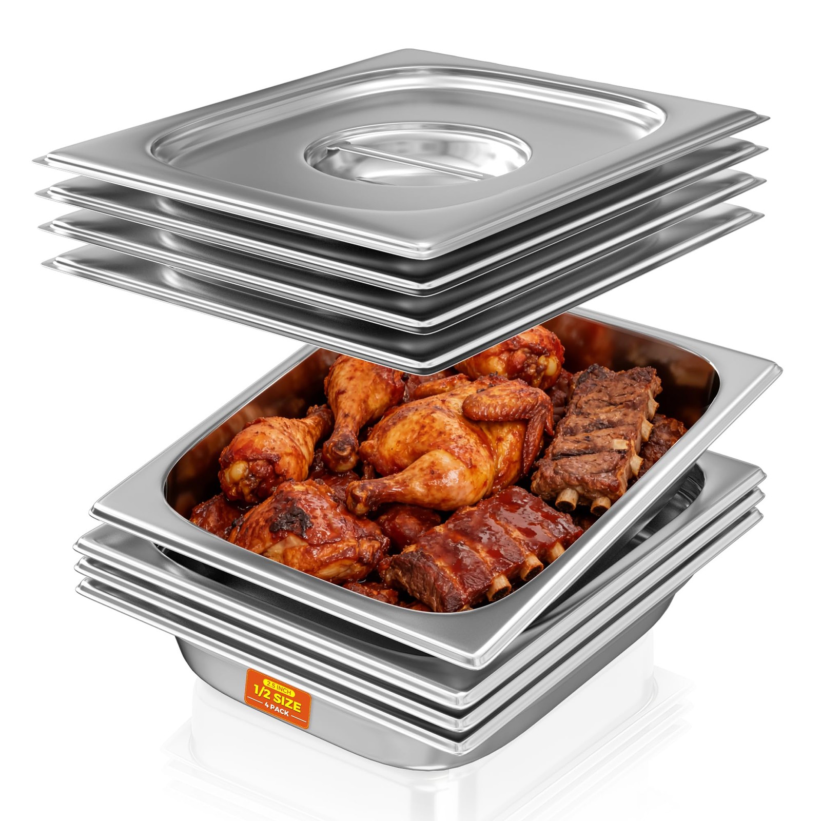 4 Pack Hotel Pans with Lids 1/2 Size 2.5″ Deep, Stainless Steel Steam Table P…