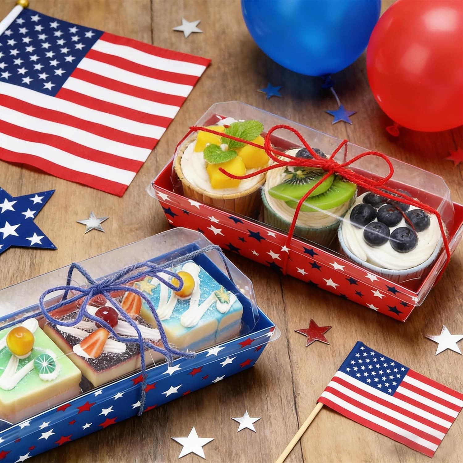 50 Pack Patriotic Charcuterie Boxes with Clear Lids 250th Anniversary Red Blue