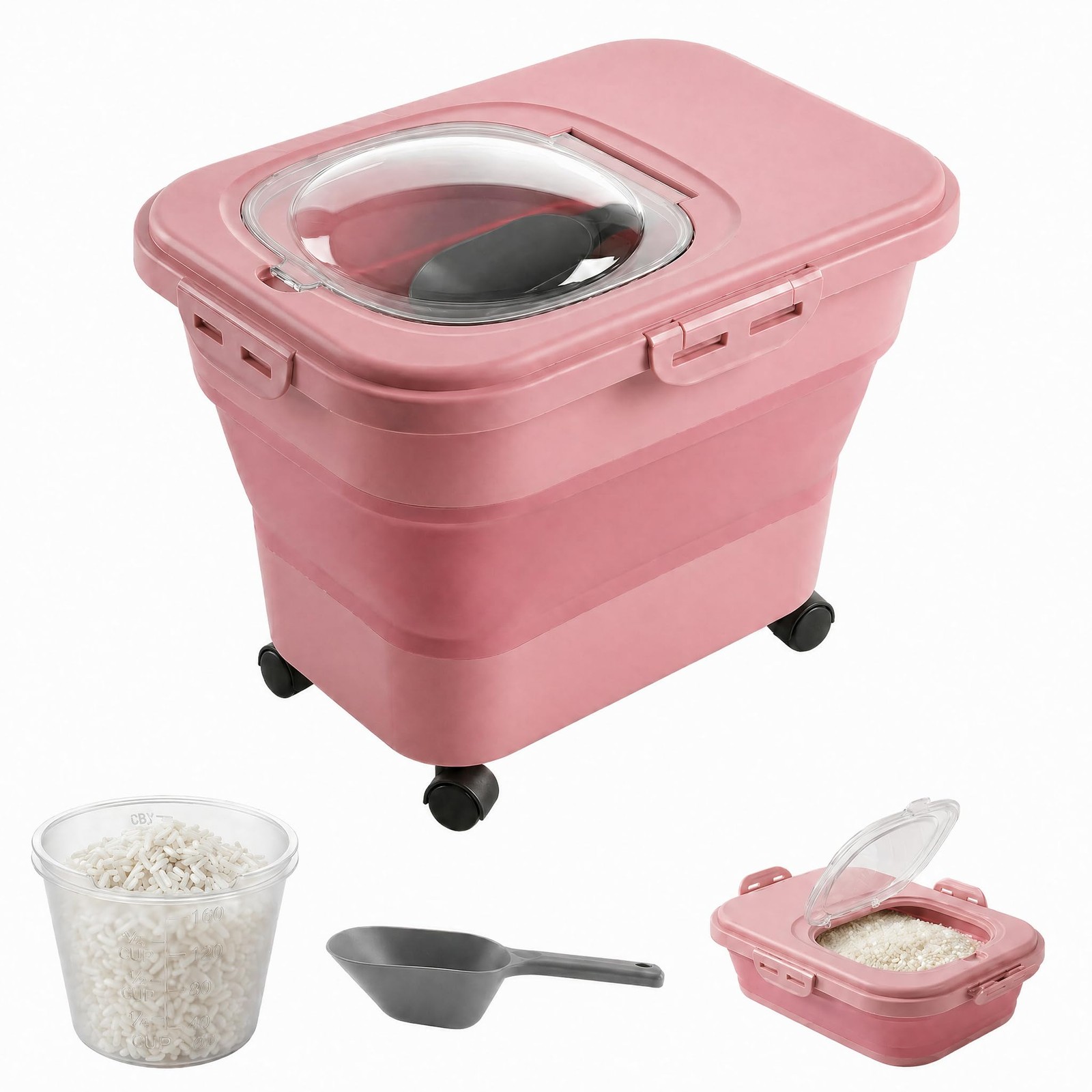 Rice Storage Container Collapsible 20-28 Lbs Food Large, Pink