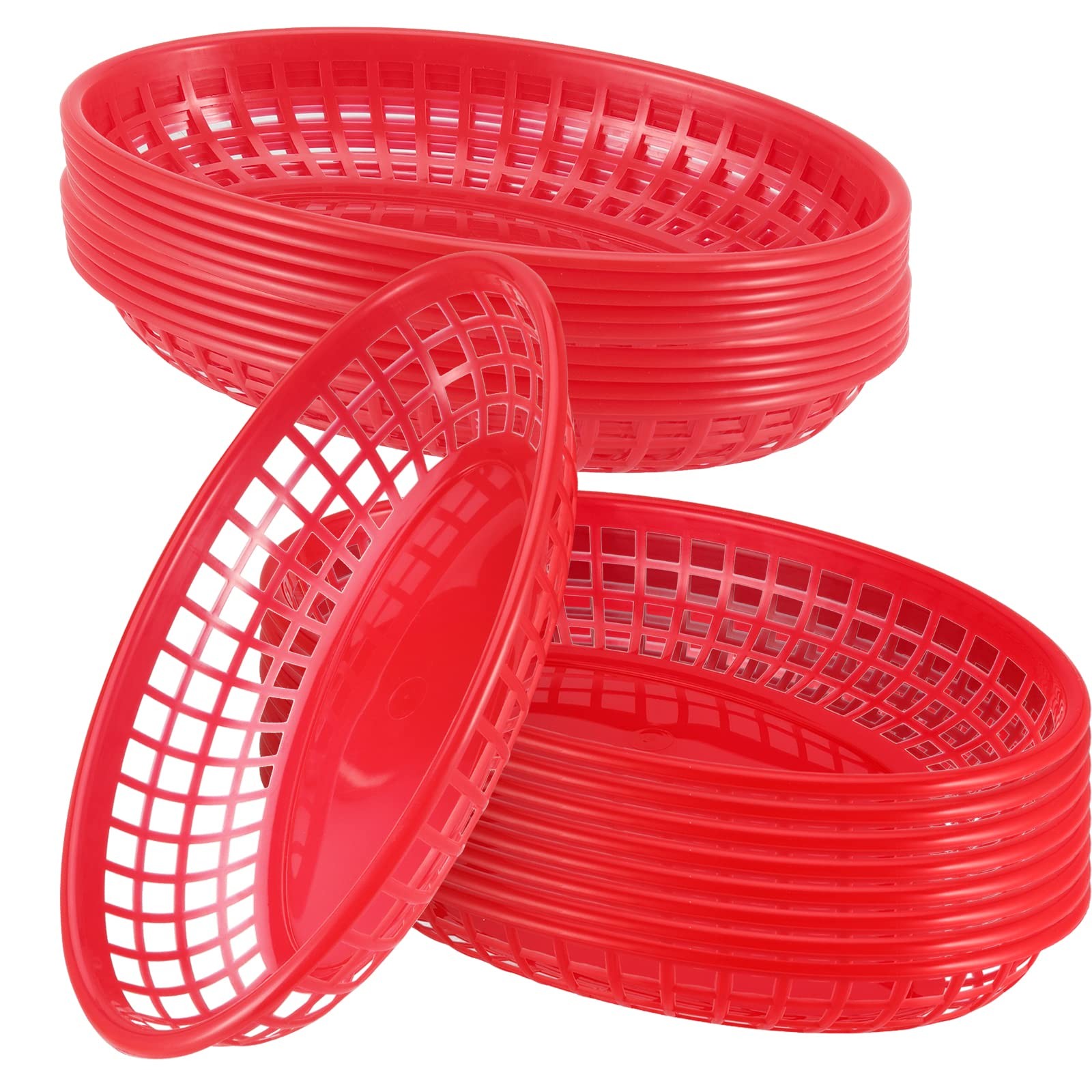 60 Pack 8.8×5.5 Inch Red Fast Food Baskets Oval Plastic Serving Basket