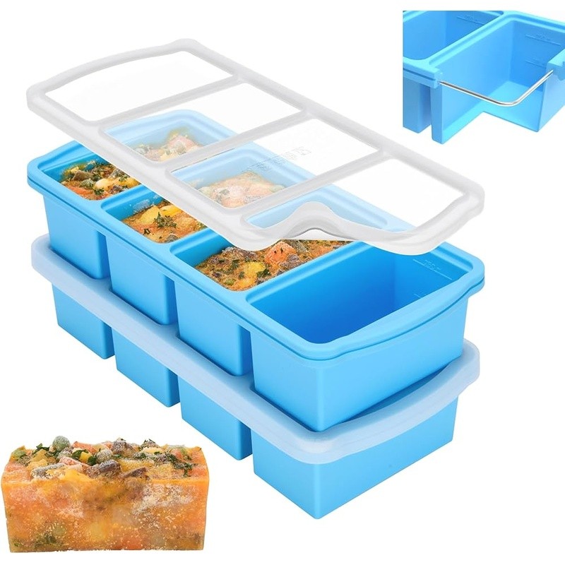 Silicone Freezer Tray W/ Lid Portion Control Snap Closure Leak Proof Design New
