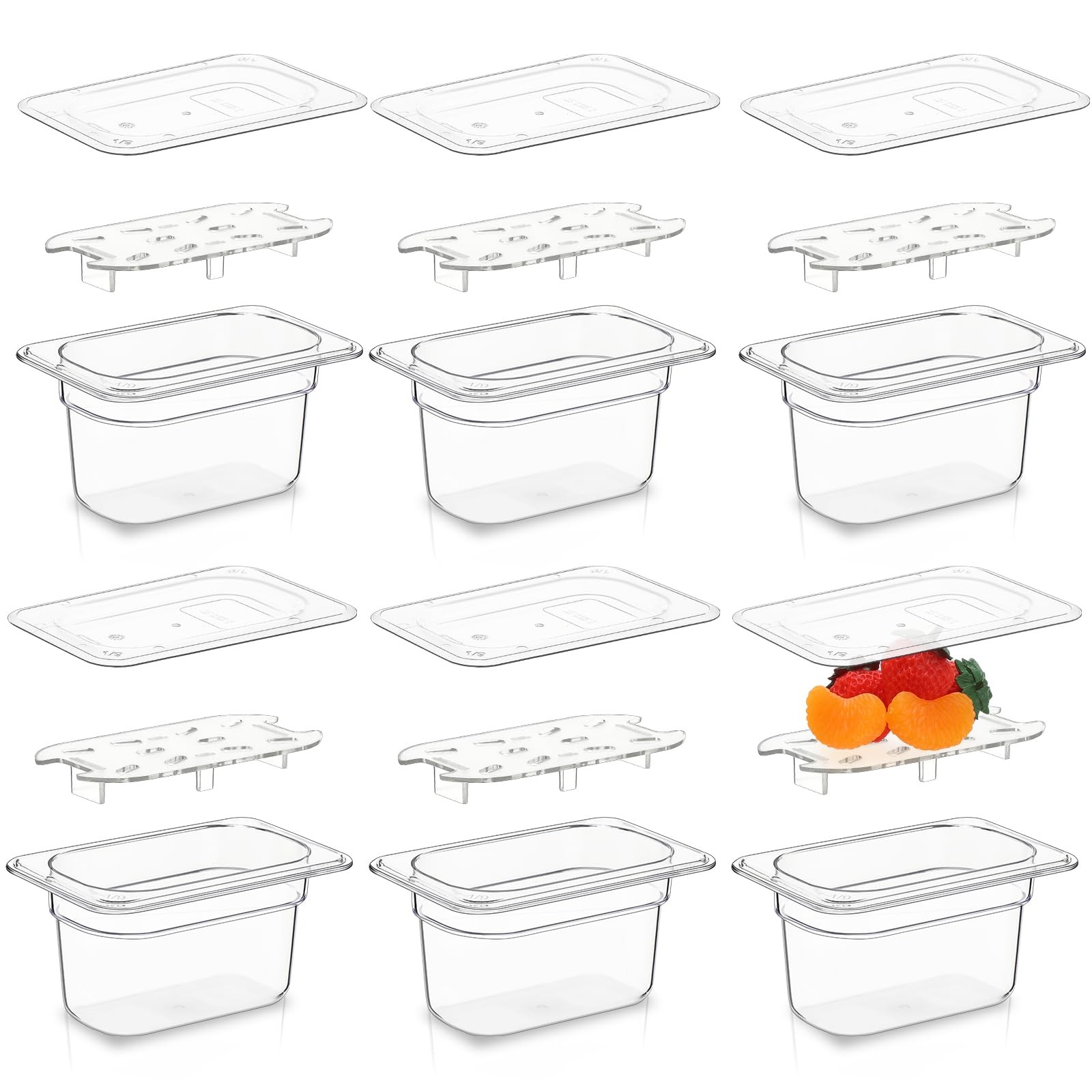 6 Set 1/9 Size Polycarbonate Food Pans with Lids and Drain Shelf Deep Square …