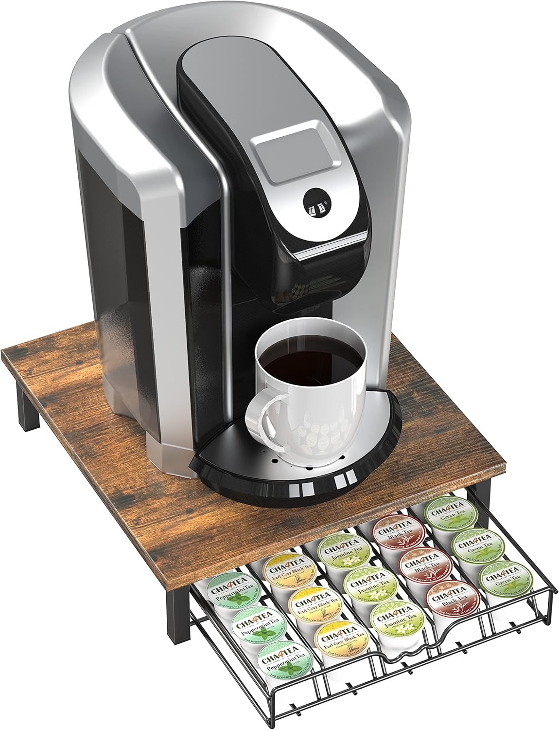 DecoBrothers K-Cup Holder Drawer for 30 Capsules, Rustic Brown with Wood Top