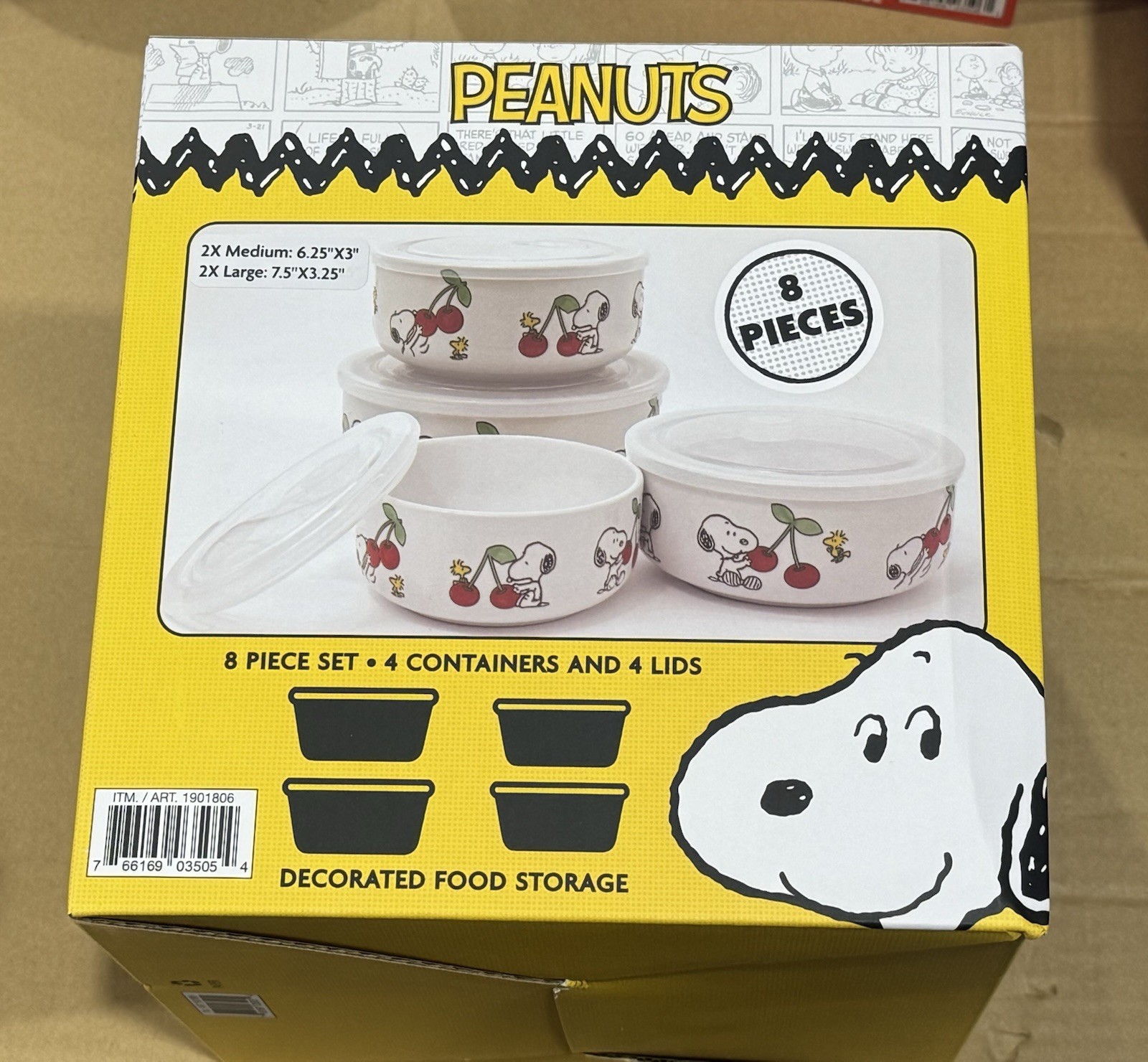 Peanuts Snoopy 8 PC Ceramic Food Storage Bowls w/ Lids Cherries