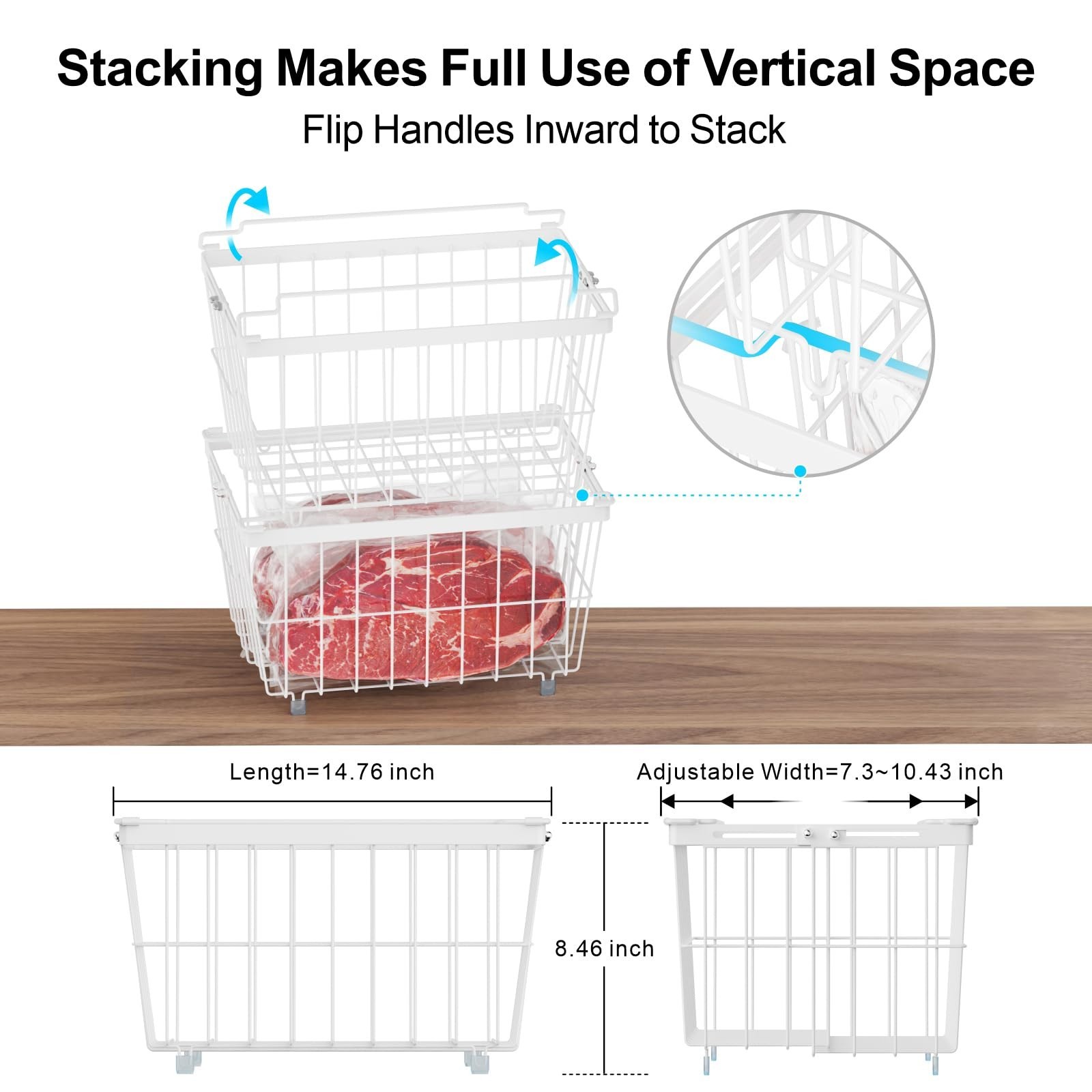 Adjustable Freezer Organizer Bins – 3 Pack Stackable Storage Baskets for 5-7 Cu.
