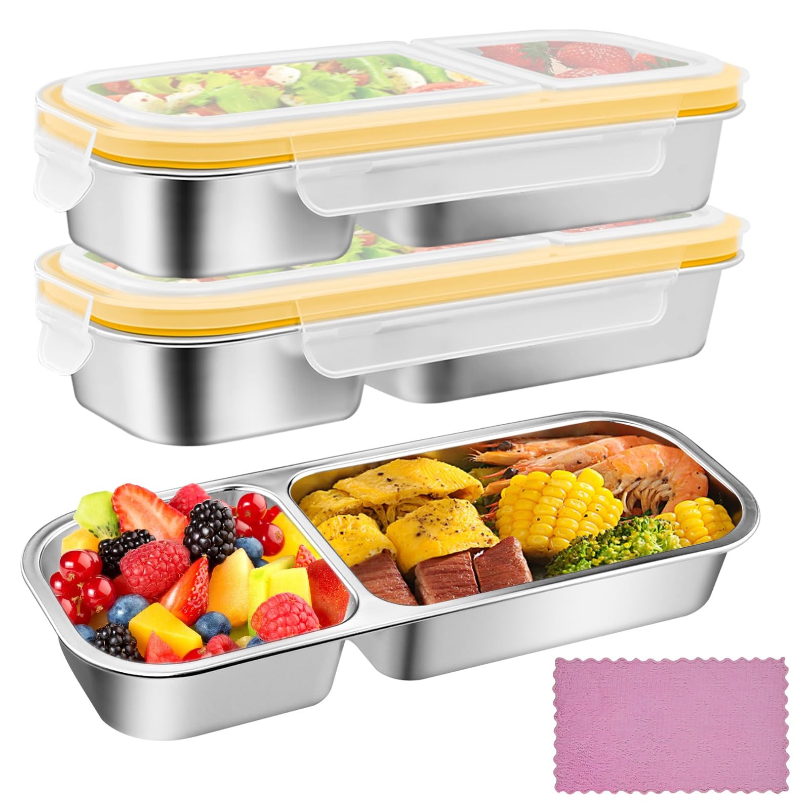 2Pack Stainless Steel Snack Containers with Lids & Rag, Leek Proof Metal Bent…