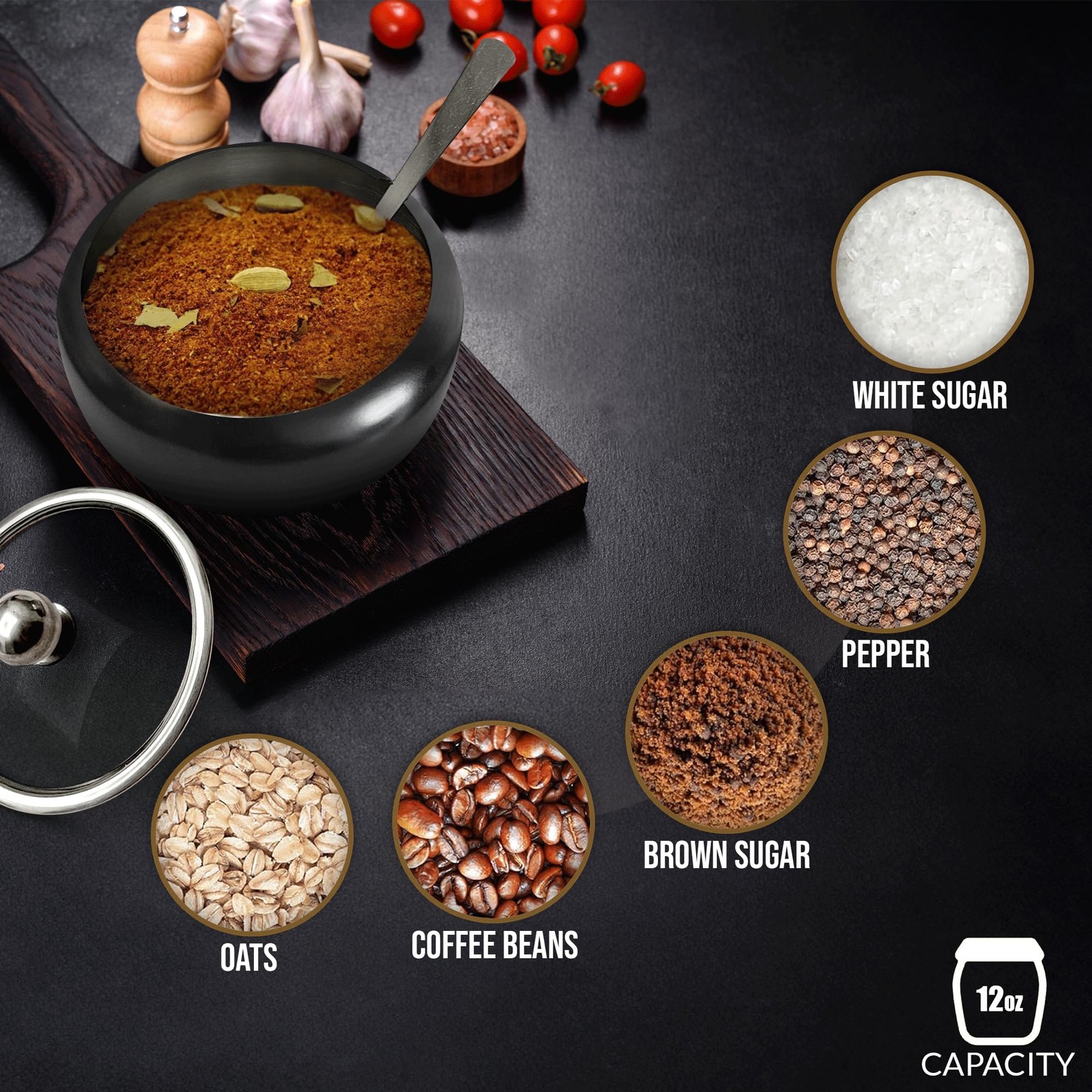 Sugar Bowl with Lid and Spoon | 12oz Container Standard, Matte Black