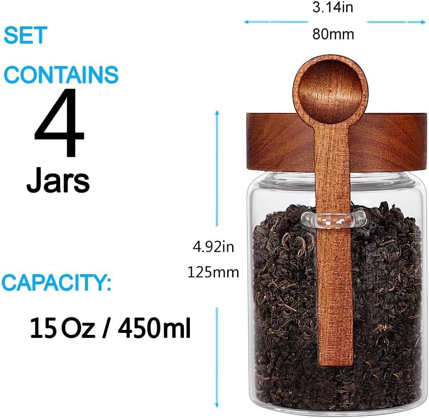 Loose Leaf Tea Storage Canister Set, 4 Pieces 16 OZ Glass Tea Containers with