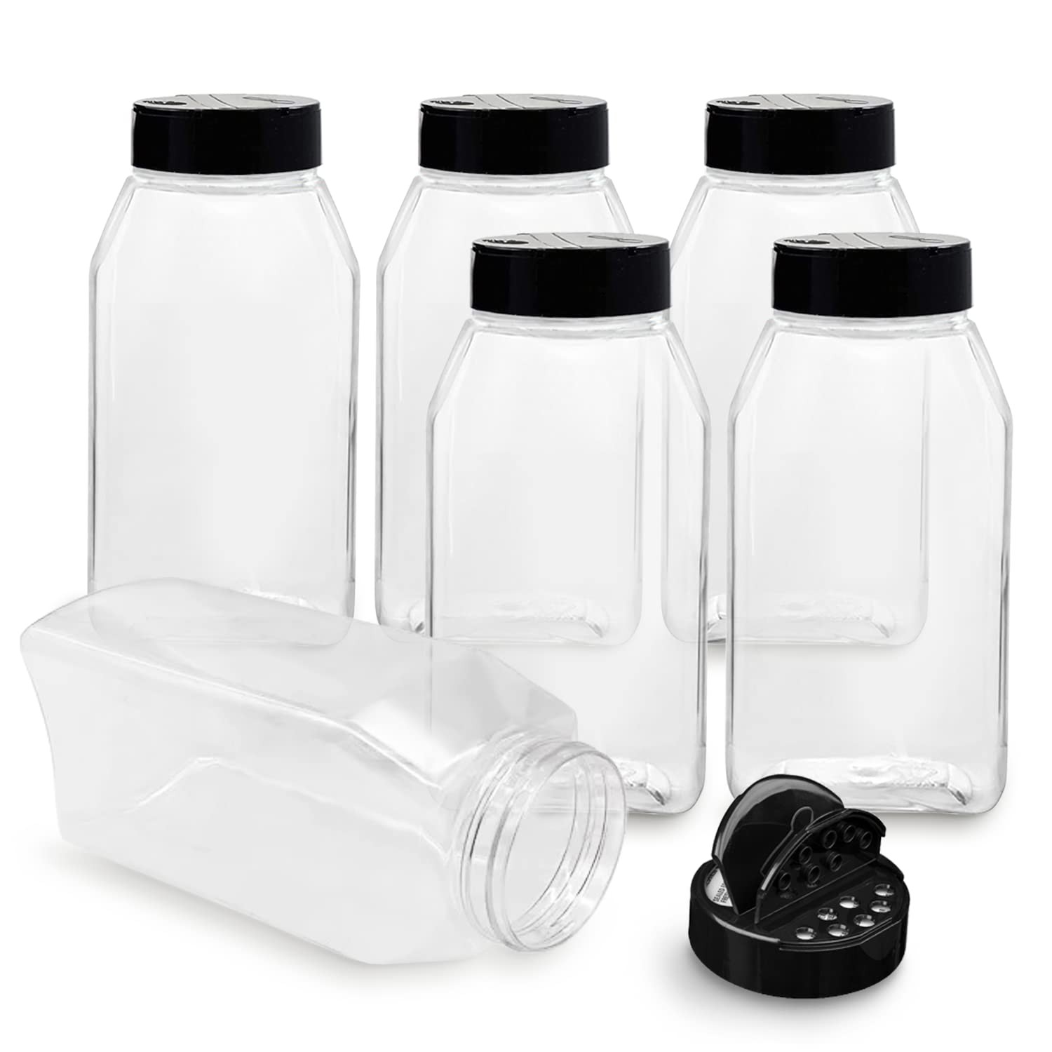 6 PACK 32 Oz with Black Cap, Plastic Spice Jars Bottles Containers, Perfect