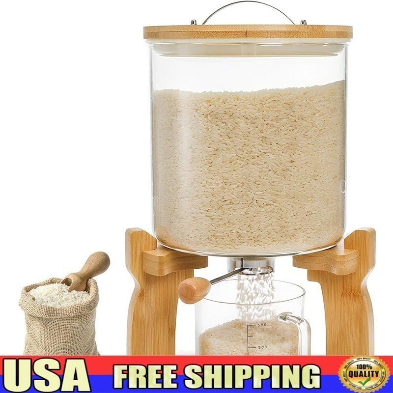 Glass Rice Dispenser W/ Bamboo Stand Airtight Food Storage Container 5L New