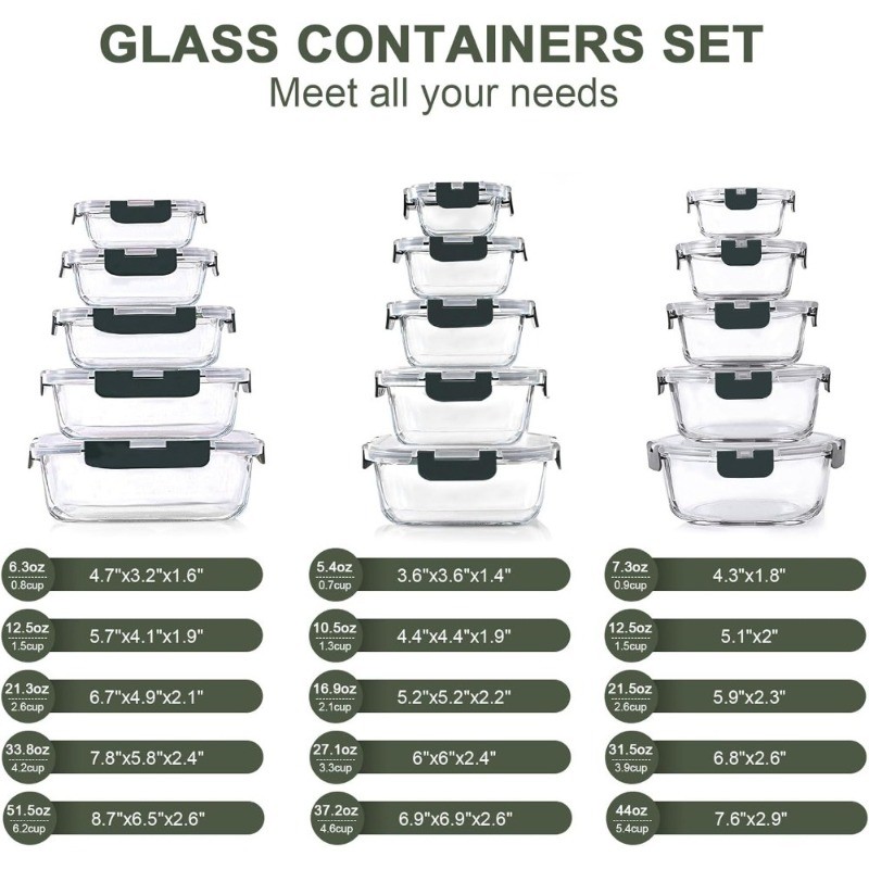 Glass Food Storage Containers Set of 30 Pieces with Snap Lock Lids Airtight Meal