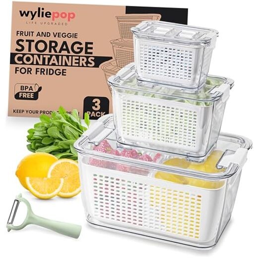 Premium Fruit Storage Containers for Fridge with Veggie Peeler – 3-in-1