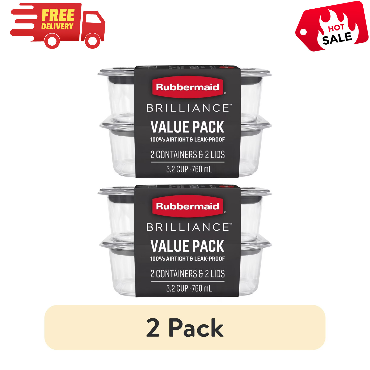 (4PK) Rubbermaid 3.2 Cup Brilliance Stain-Proof Food Storage Container, Set of 2
