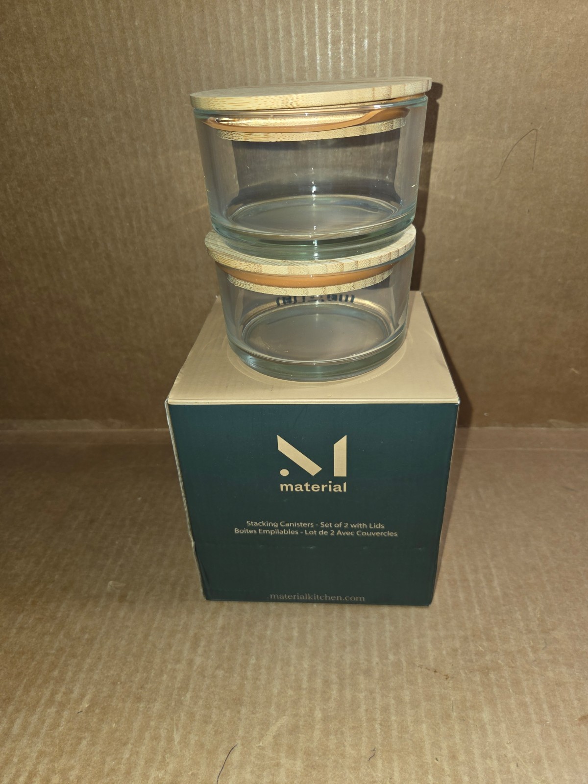 Canisters Stacking MATERIAL KITCHEN Set Of 2 Glass w/ Bamboo Lids 10oz Each NIB