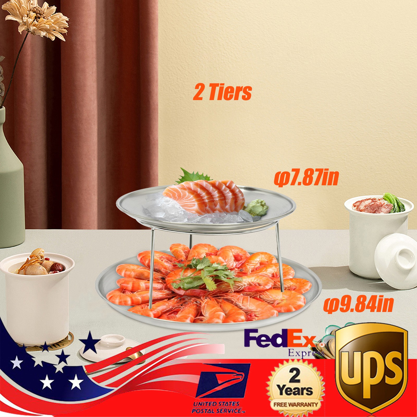 2 Tier Food Serving Riser Seafood Plate Round Plate Rack Silver Tray Stand USA