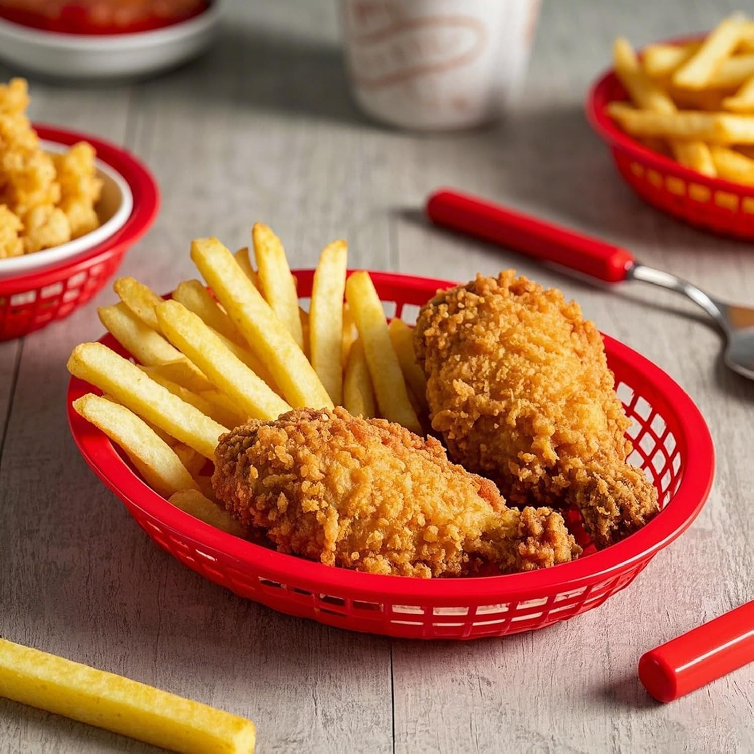 MOUYAT 50 PCS Red Plastic Baskets, 9 X 6 Inch Oval Fast Food Serving Baskets for