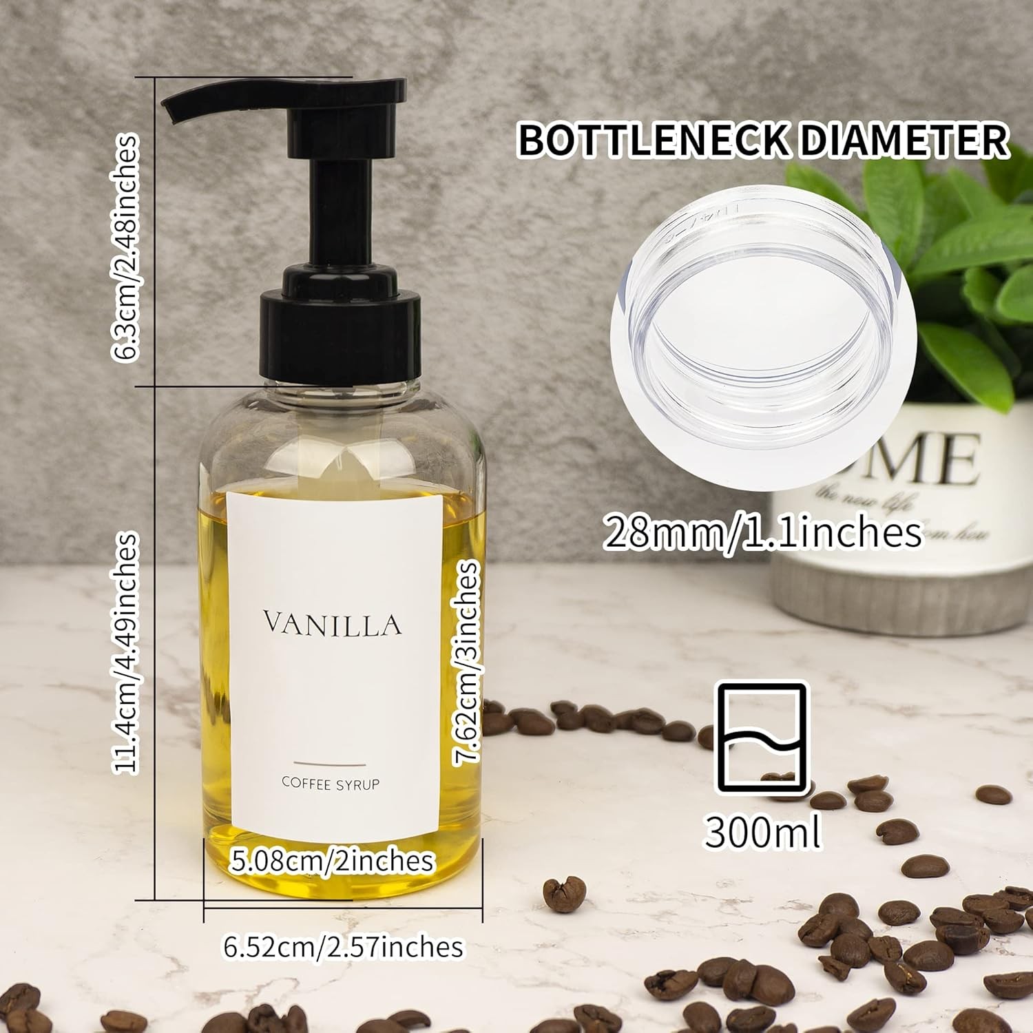 4 Pieces Coffee Syrup Dispenser Bottle 300ml PET Black Pump Bottles with Labels