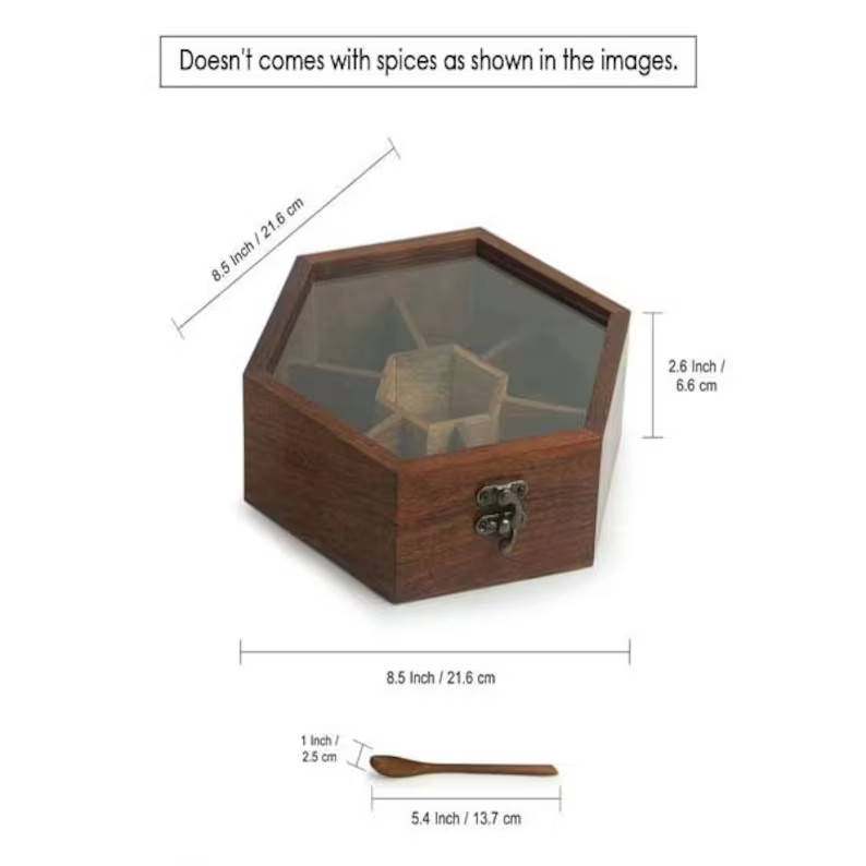 Wooden Hexagonal Spice Masala Box Dabba 6 Containers Set for Kitchen with Spoon