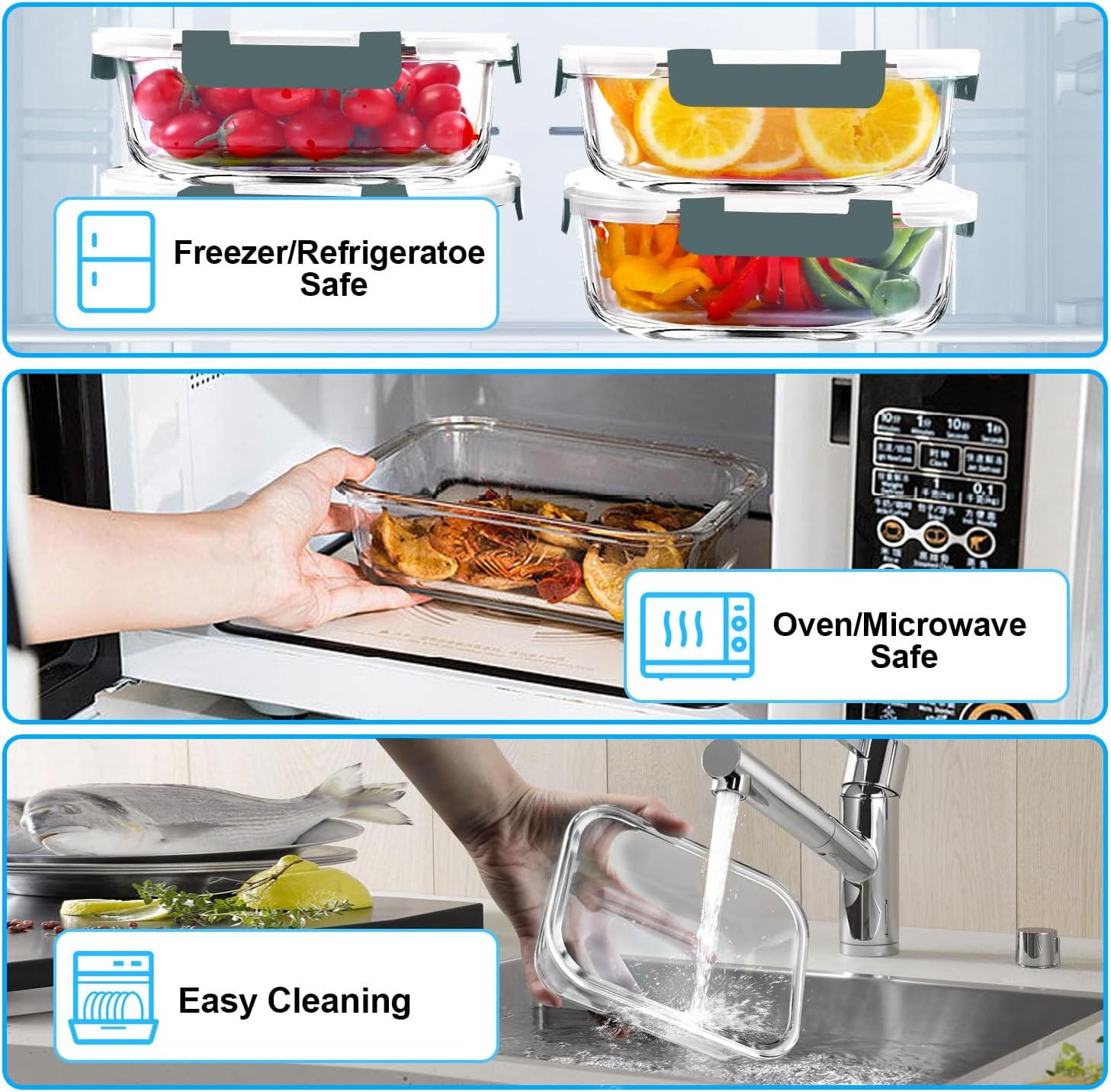 5 Pack 36 OZ Glass Meal Prep Containers, BPA-Free, Airtight, Microwave Safe