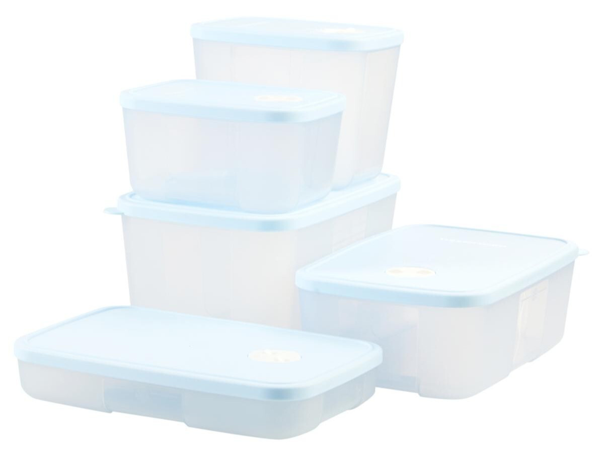 Tupperware 10-Piece Date Store & Freeze Food Storage Set Clear & Baby Blue NIB