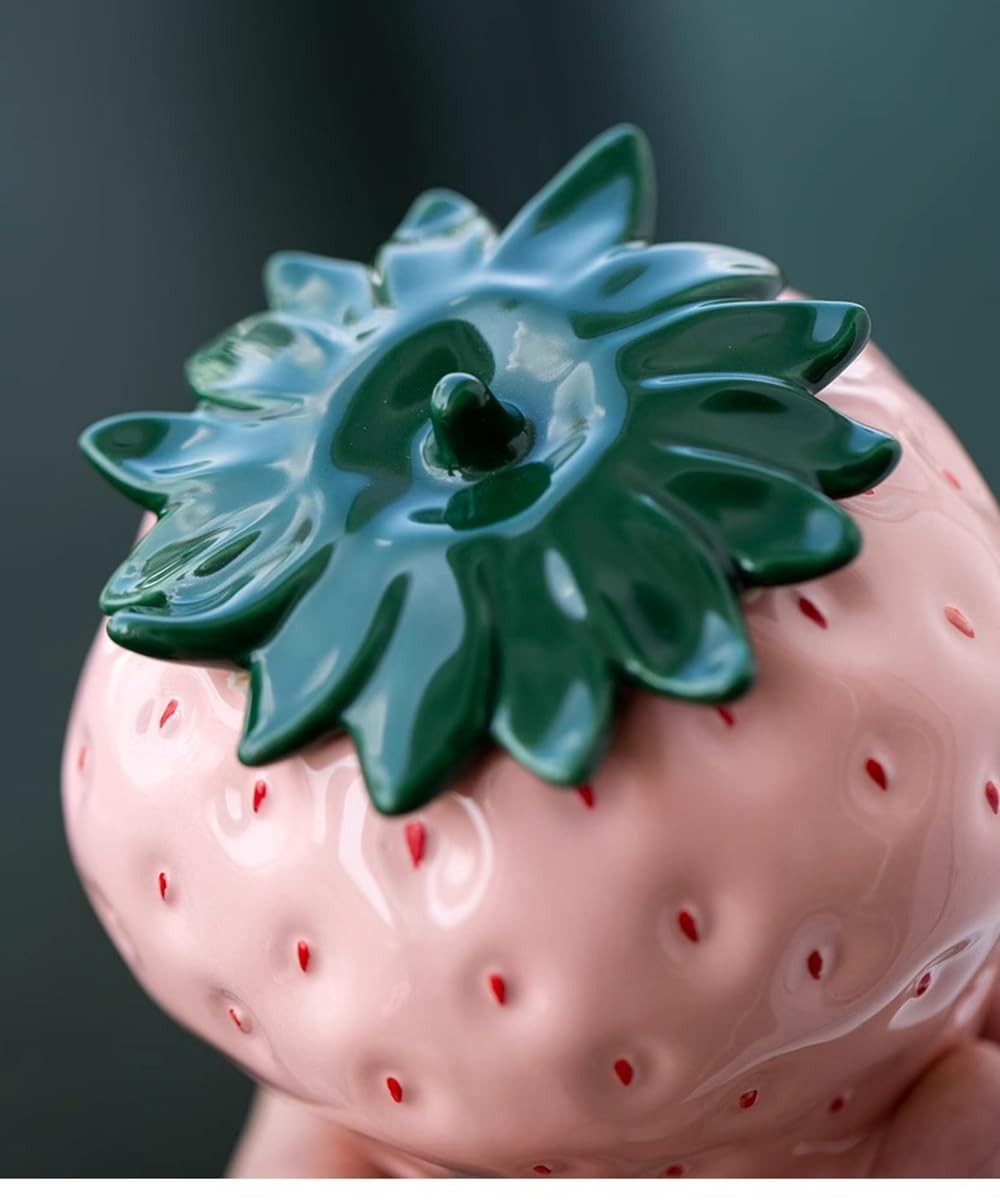 123Arts Container Strawberry Candy Dish Ceramic Food Storage with Seal Pink