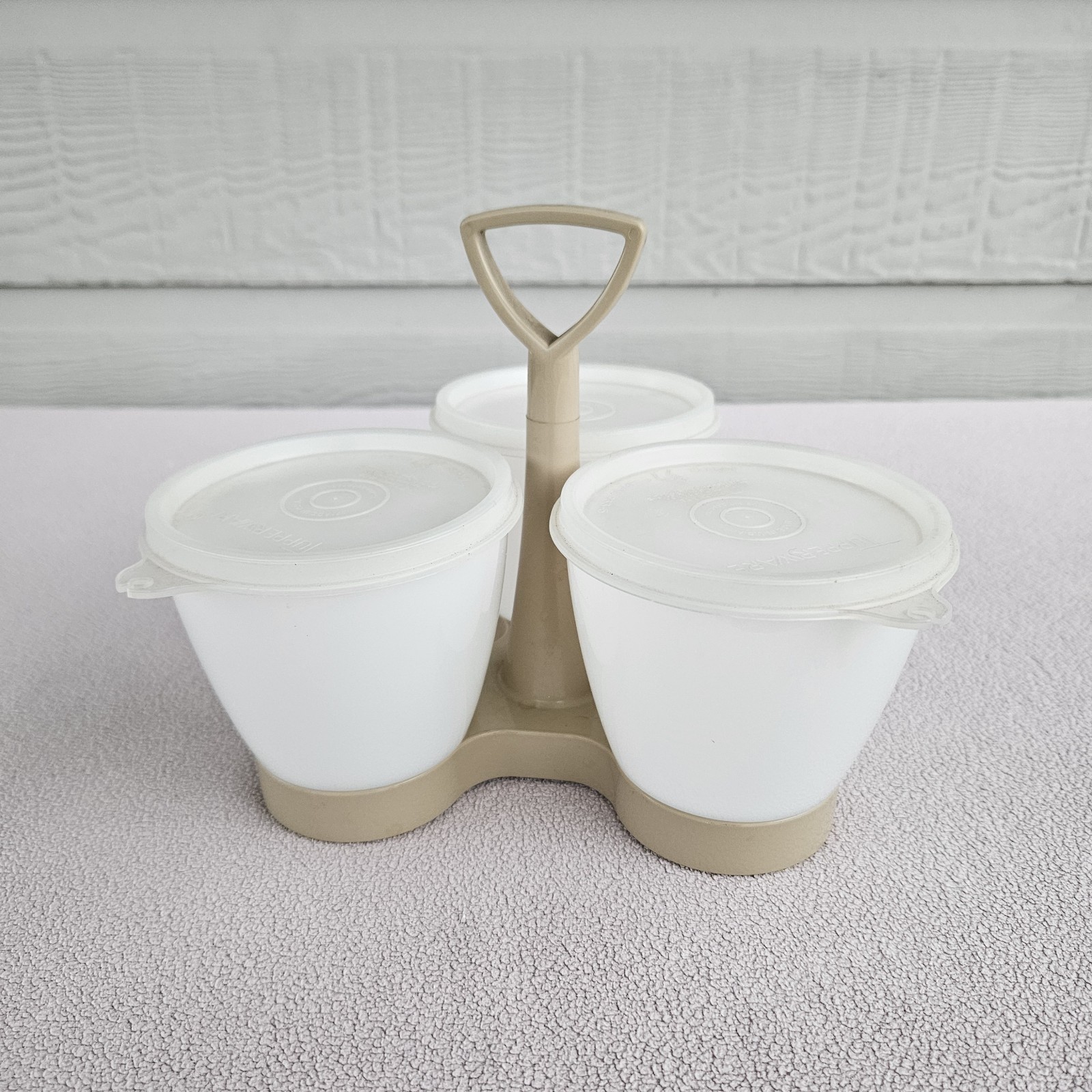 VTG Tupperware Condiment Caddy With Holder 3 Containers Lids Almond Clear