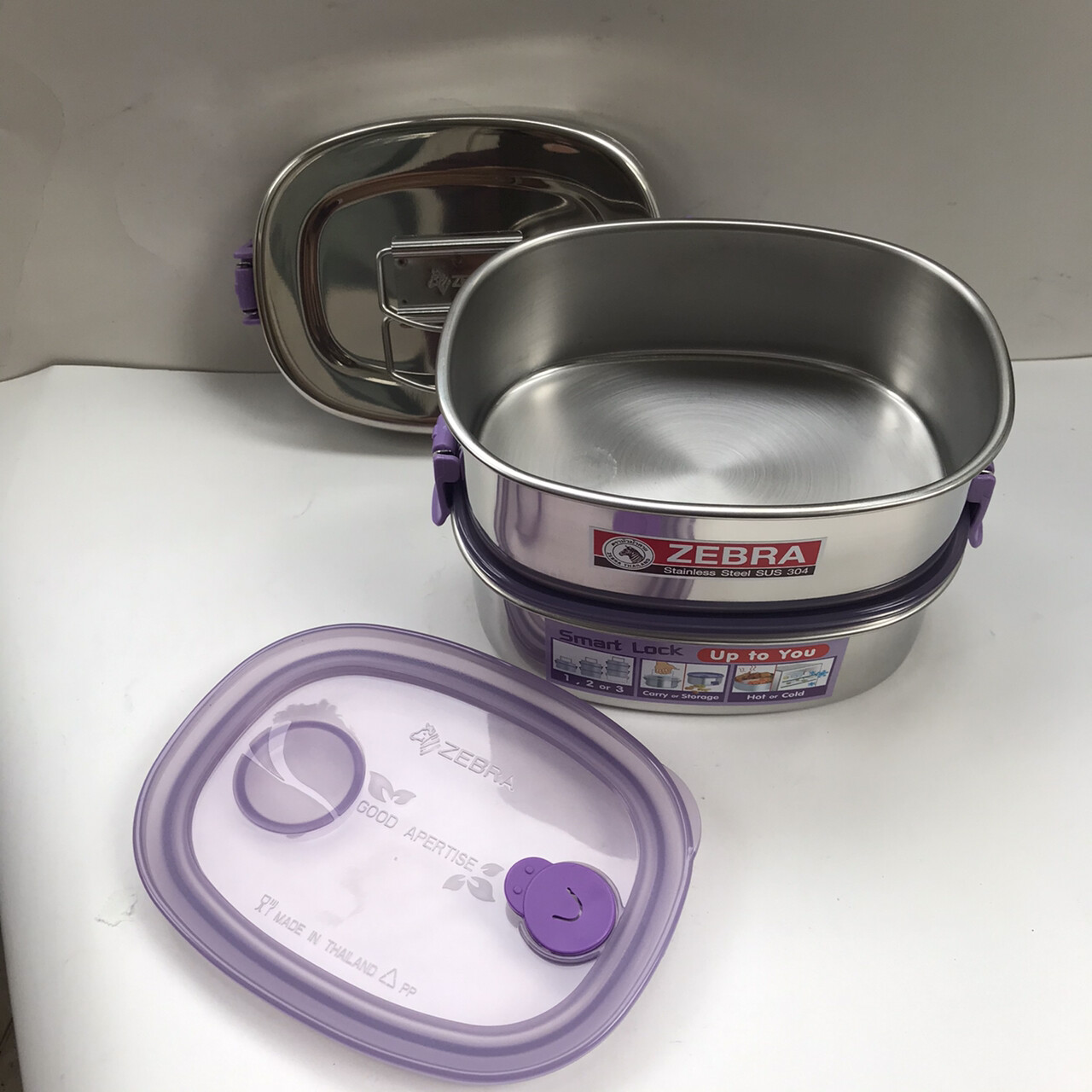 Thai Zebra Brand Oval Lunch Box Smart Lock Airtight Stainless 16 cm X 2 Stacks
