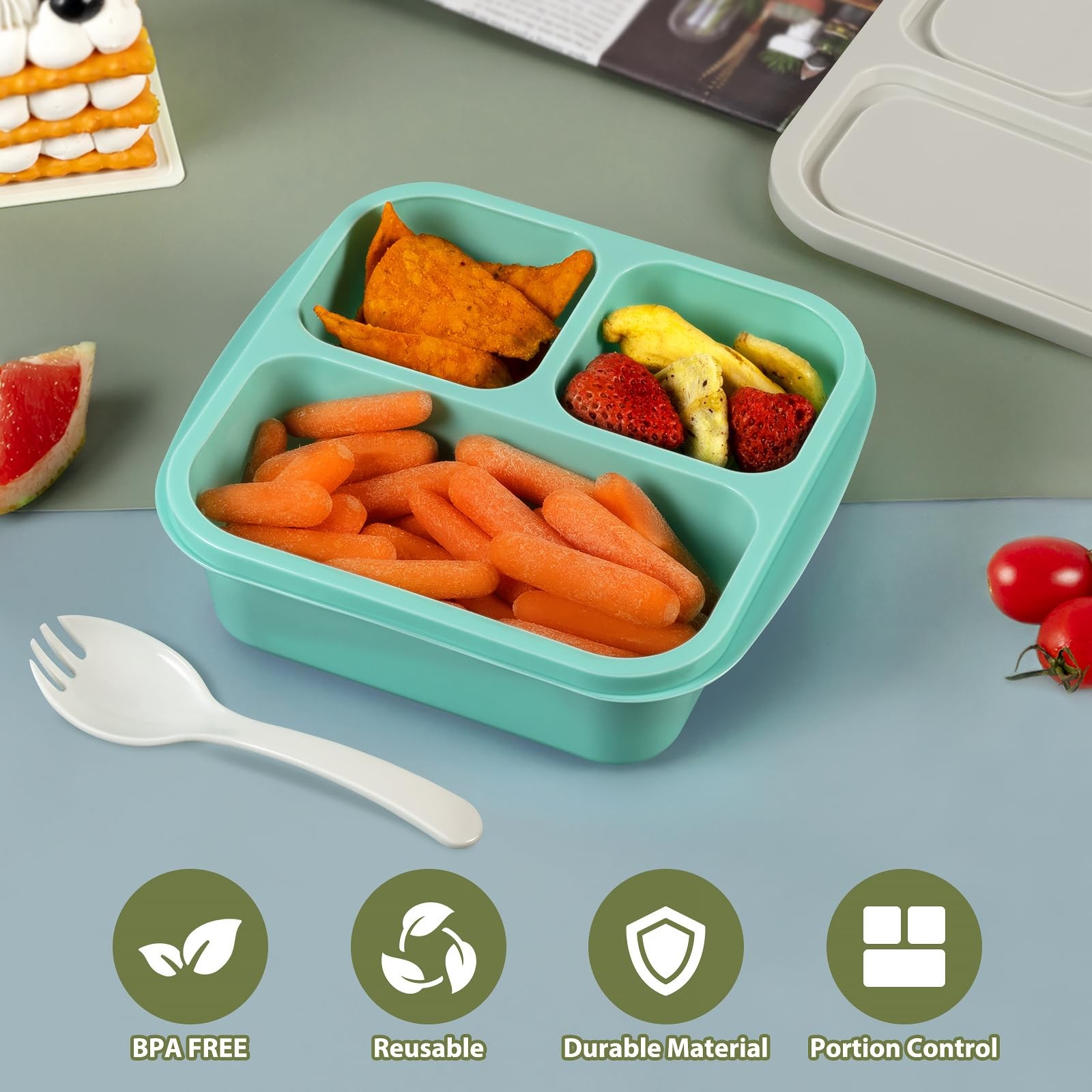 Snack Box Container with lids, Reusable 3 Compartment Bento S, Multicolor