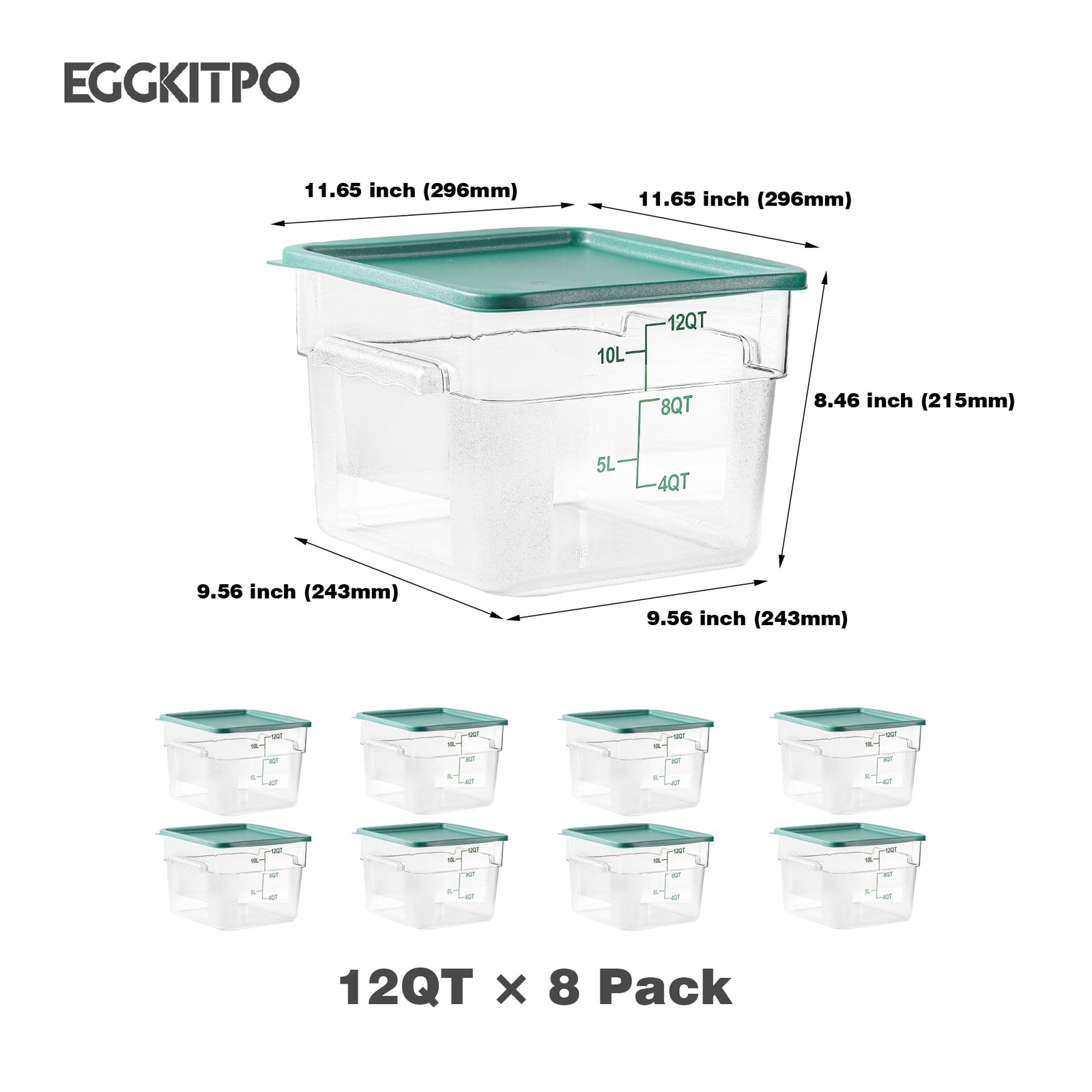 8 Pack 12 QT Food Storage Containers with Green Lids Hot Cold Resistant Stack…