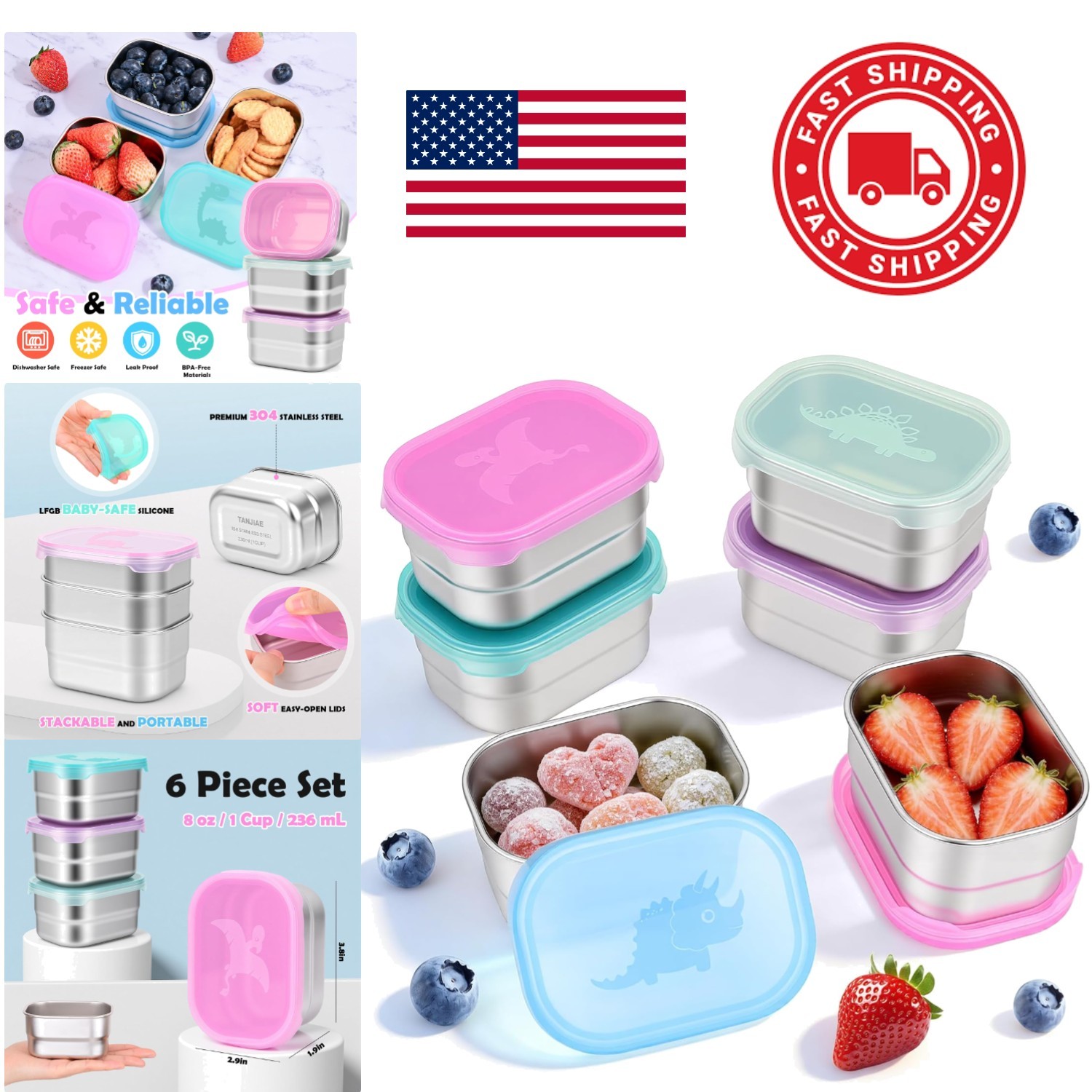 Leakproof 8oz Snack Containers Set of 6 Stackable Stainless Steel Food Storage