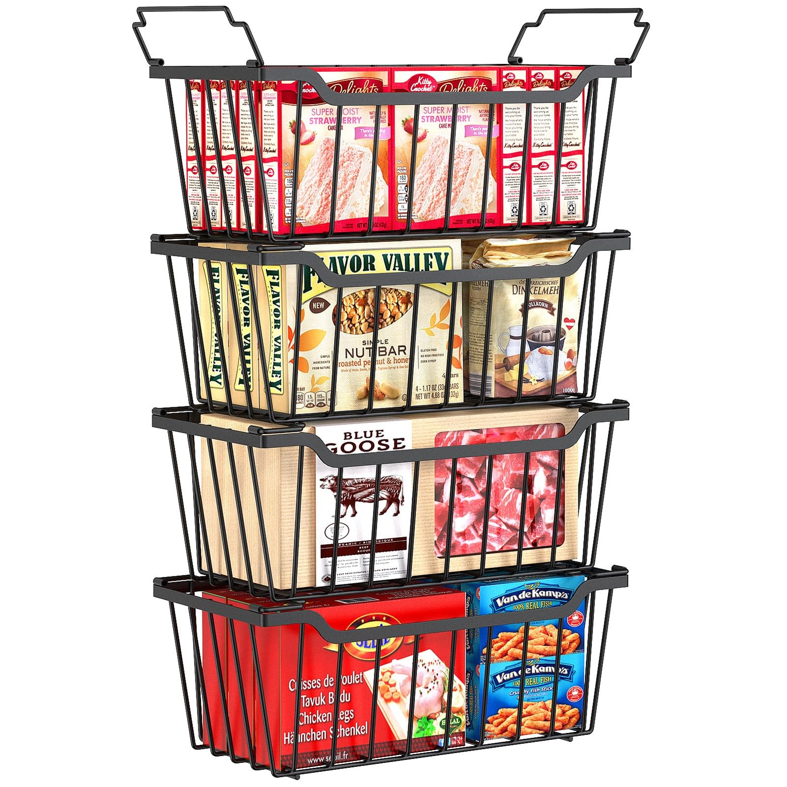 Freezer Organizer with Handles, 4 Pack Stackable Storage Bins, Black