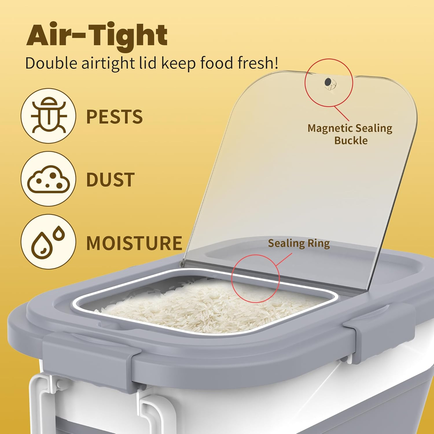 Airtight Rice Container with Wheels & Scoop – 25-35Lbs Food Storage Bin