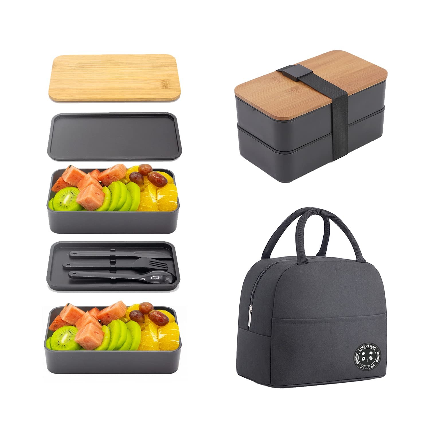 Bento Box Adult Lunch with lunch bag, 7.32 x 4.13 x 3.74 inches, Black