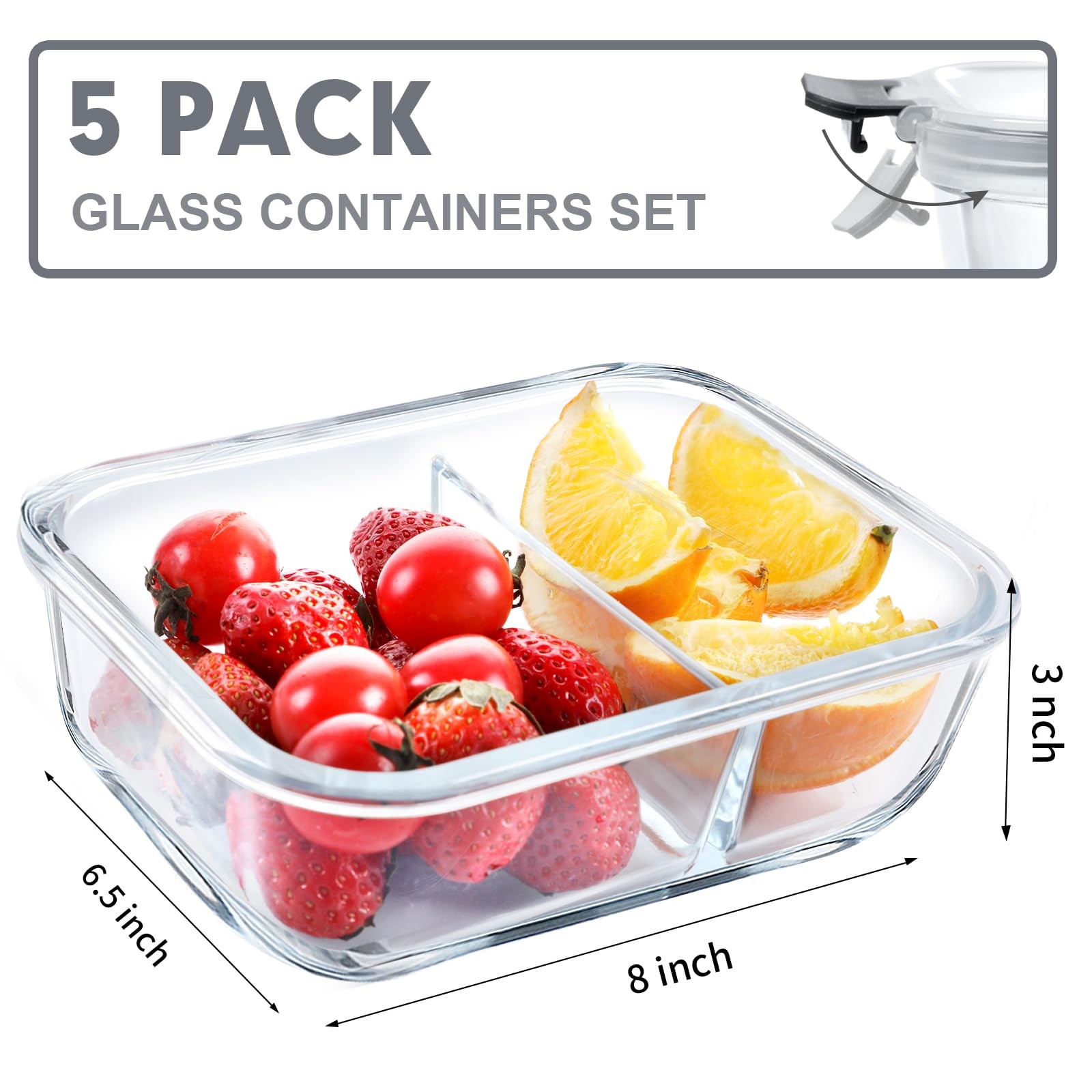 5 Pack Glass Meal Prep Containers 2 Compartment Set, 36OZ Airtight Glass Lunc…