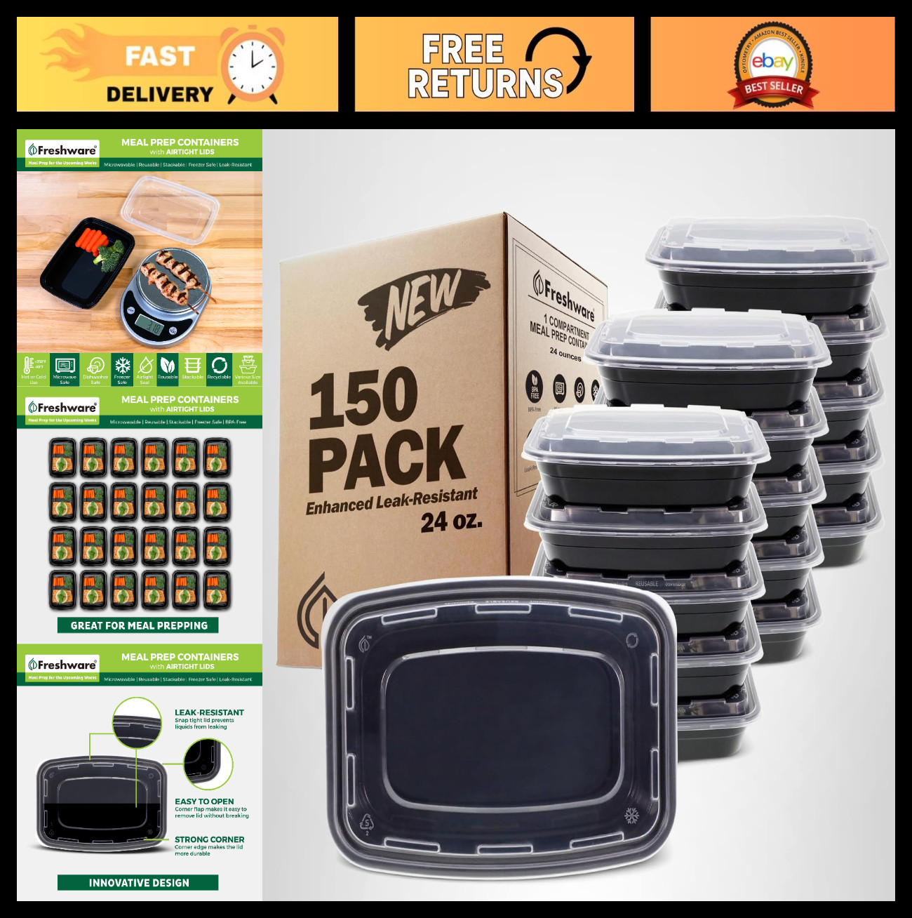 150 Pack Meal Prep Containers – 1 Compartment Food Storage, BPA Free, Stackable,