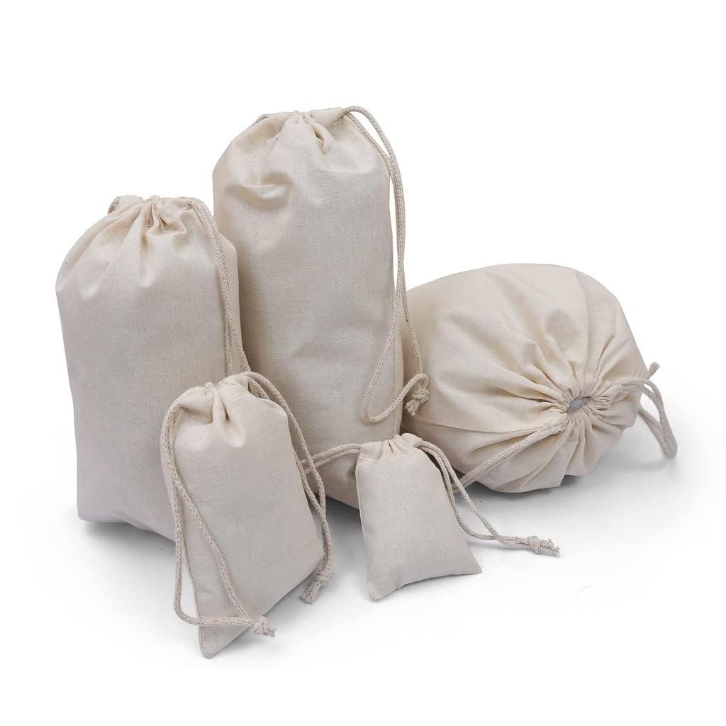 BigLotBags 100Pcs 5 x 7 Inches Premium Cotton Muslin Double Drawstring Bags, Reu