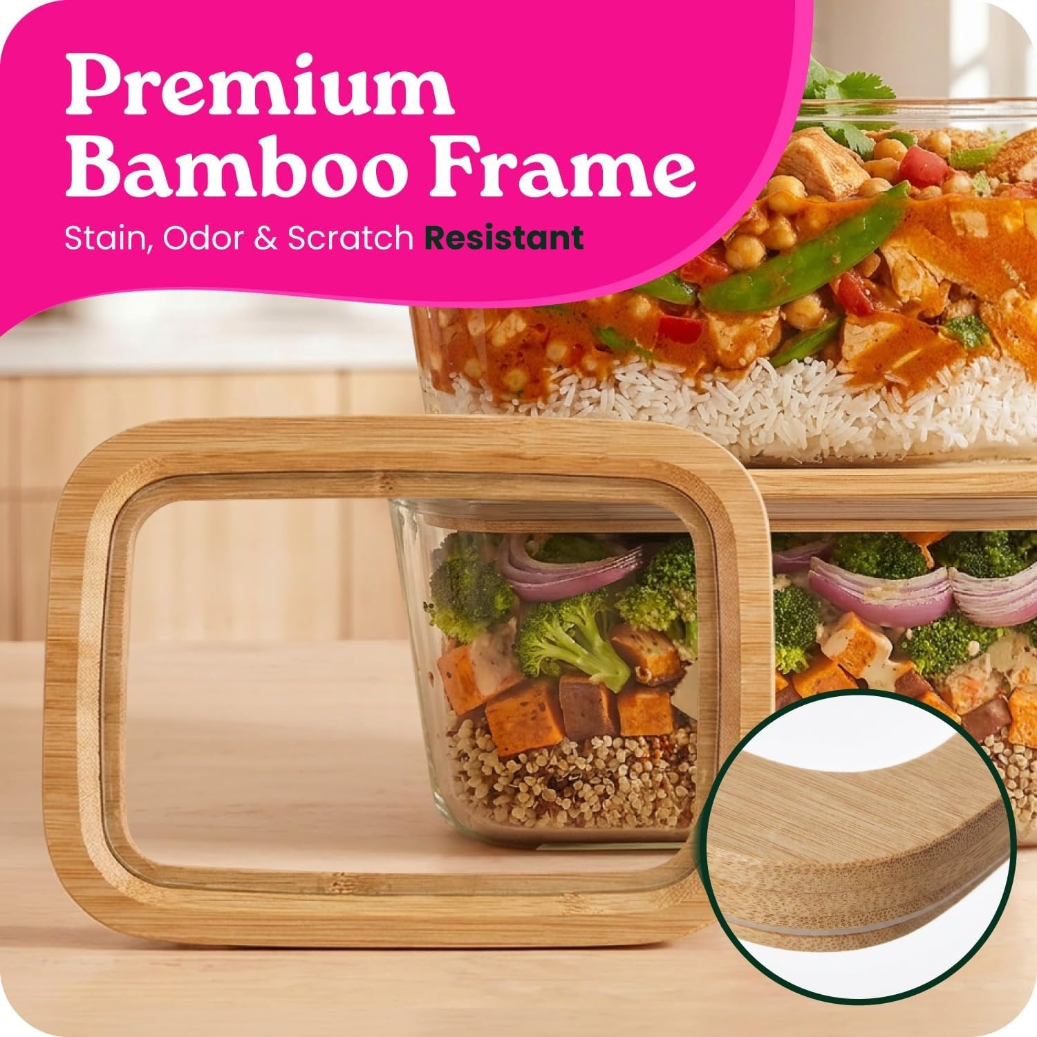 2-Pack-87.7 Oz Large Glass Food Storage Containers with Clear-Top Bamboo Lids –