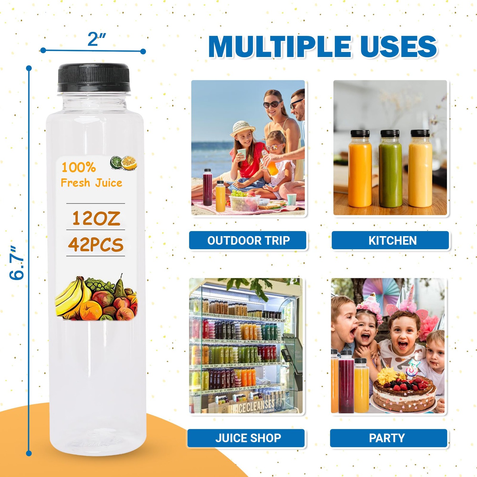42 PCS 12 oz Juice Bottles With Caps Bulk Empty Plastic Black Tamper Evident
