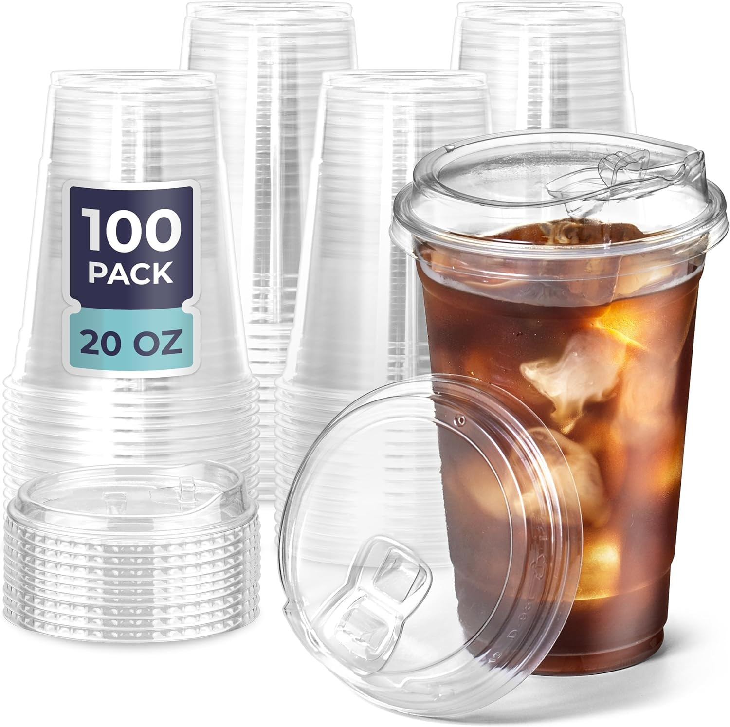 100 Pack 20 oz Clear Plastic Cups with Strawless Sip Lids, Disposable Plastic Co